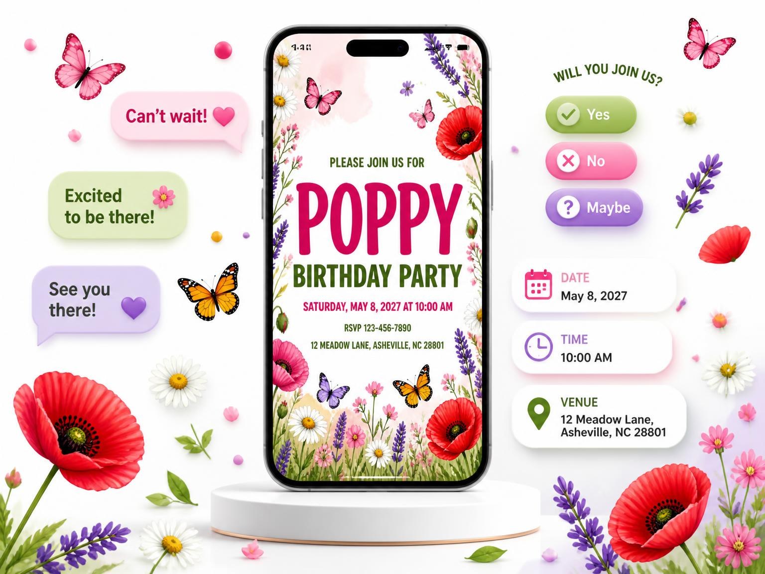The Red Poppy Butterfly Birthday invitation on a phone, with guest RSVPs arriving around it