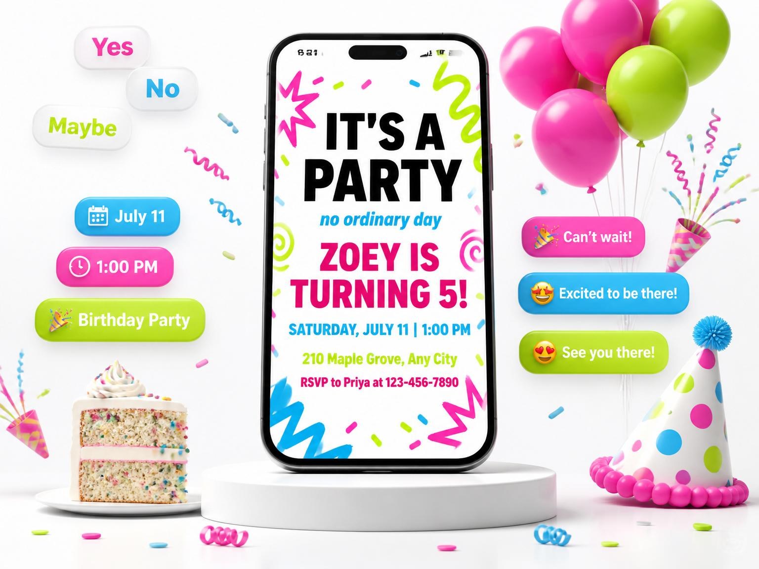 The Neon Scribble Graphic Kids Birthday invitation on a phone, with guest RSVPs arriving around it