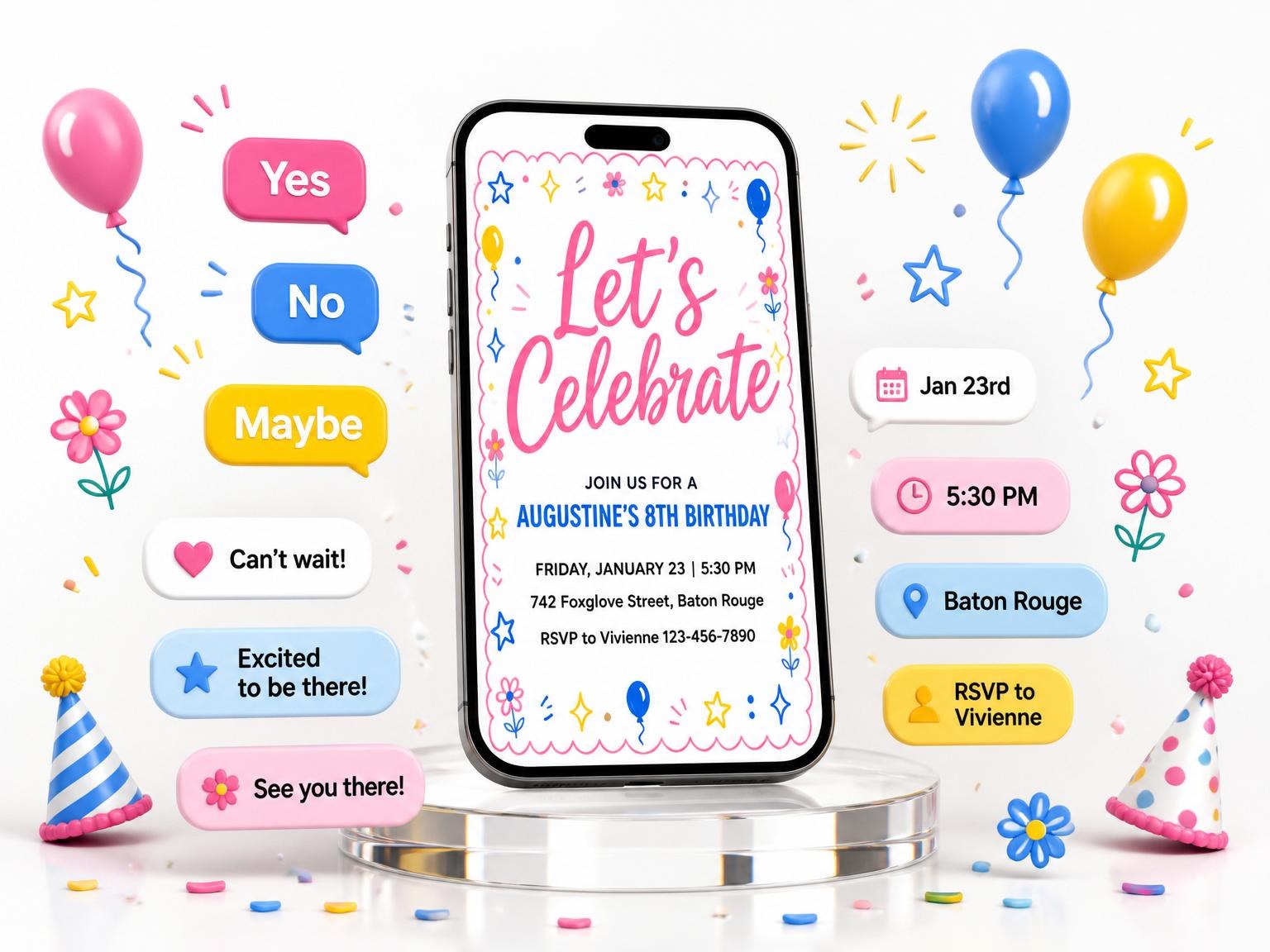 The Pink Blue Yellow Balloon 8th Birthday invitation on a phone, with guest RSVPs arriving around it