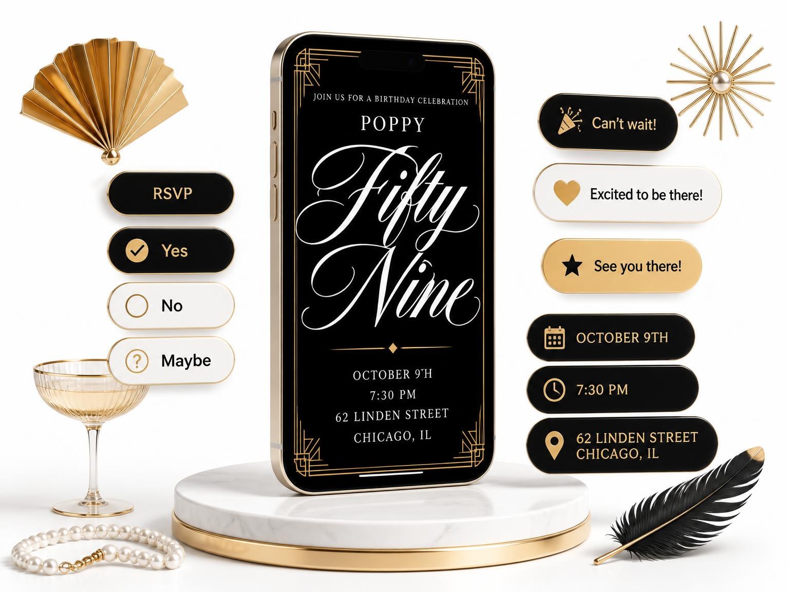 The Art Deco 59th Birthday Invitation invitation on a phone, with guest RSVPs arriving around it