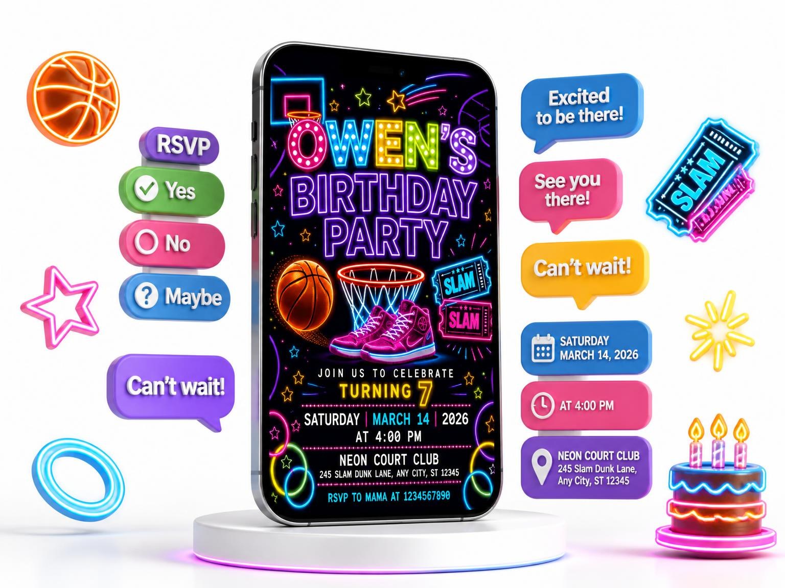 The Neon Basketball 7th Birthday Invitation invitation on a phone, with guest RSVPs arriving around it