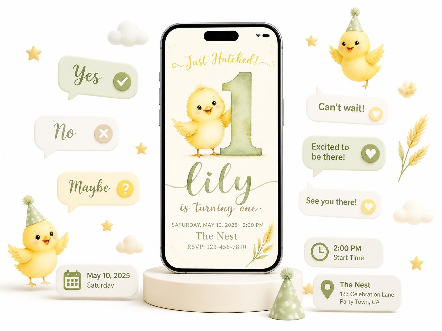 The Watercolor Chick Wheat 1st Birthday invitation on a phone, with guest RSVPs arriving around it