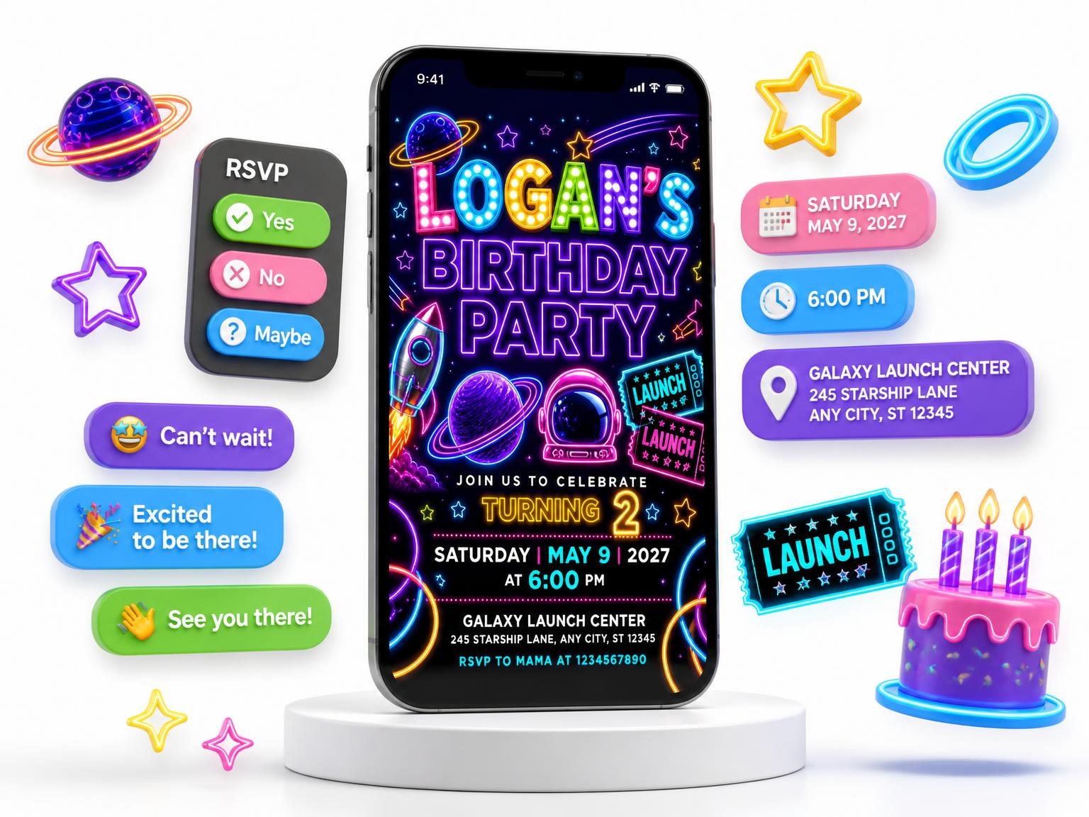 The Neon Space 2nd Birthday Invitation invitation on a phone, with guest RSVPs arriving around it