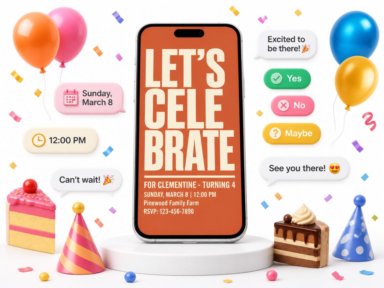 The Burnt Orange Retro Typography 4th Birthday invitation on a phone, with guest RSVPs arriving around it