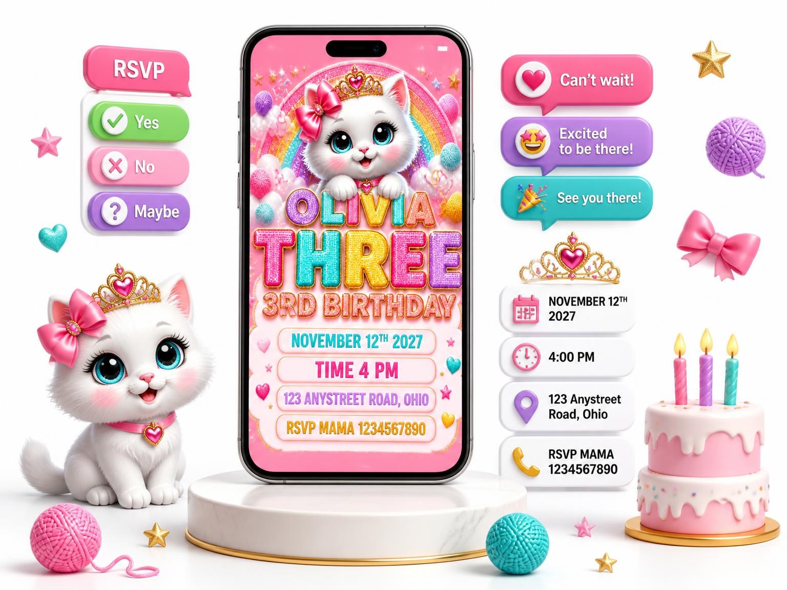 The Glitter Kitty Cat 3rd Birthday Invitation invitation on a phone, with guest RSVPs arriving around it