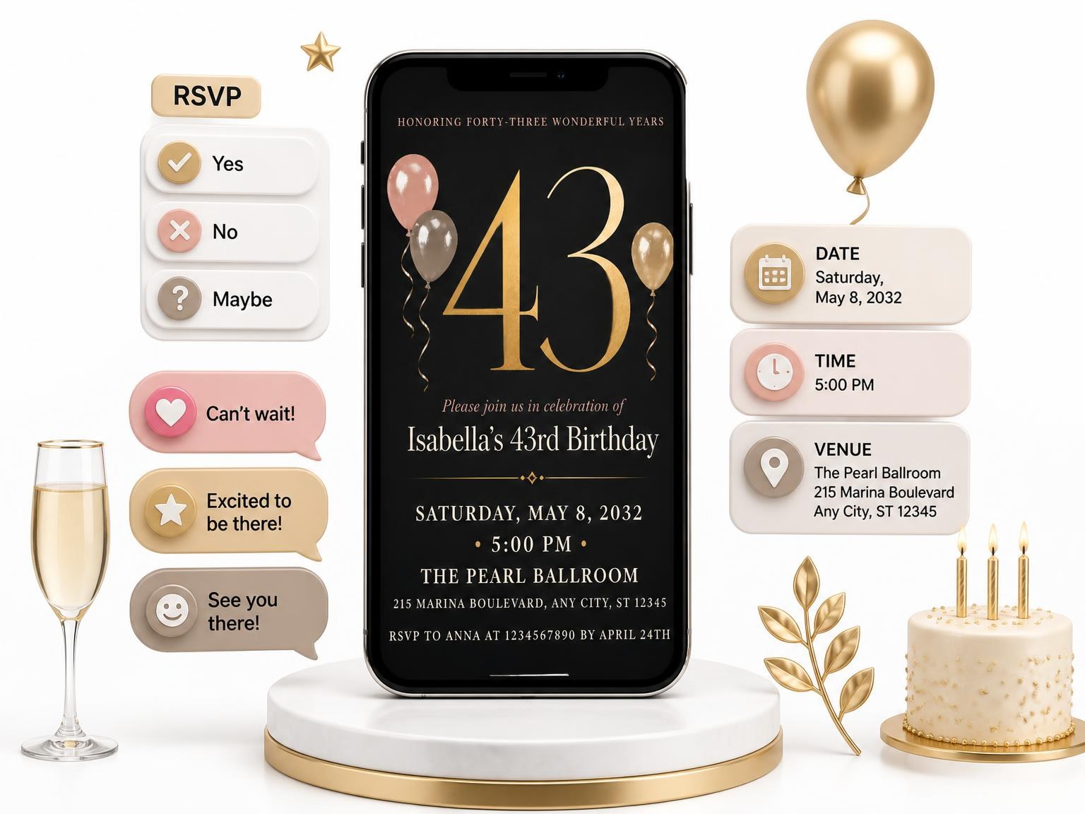 The Charcoal and Blush 43rd Birthday Invitation invitation on a phone, with guest RSVPs arriving around it