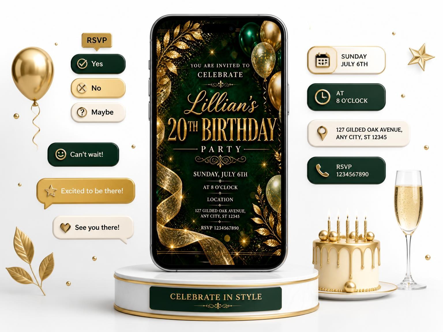 The Emerald and Champagne 20th Birthday Invitation invitation on a phone, with guest RSVPs arriving around it