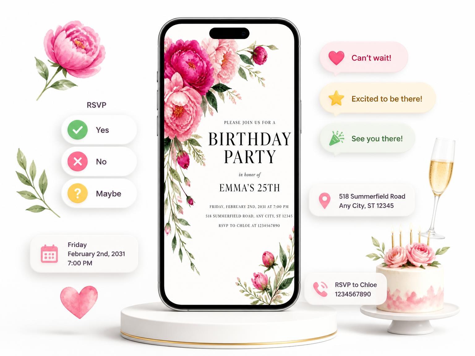 The Fuchsia Floral Bouquet 25th Birthday Invitation invitation on a phone, with guest RSVPs arriving around it