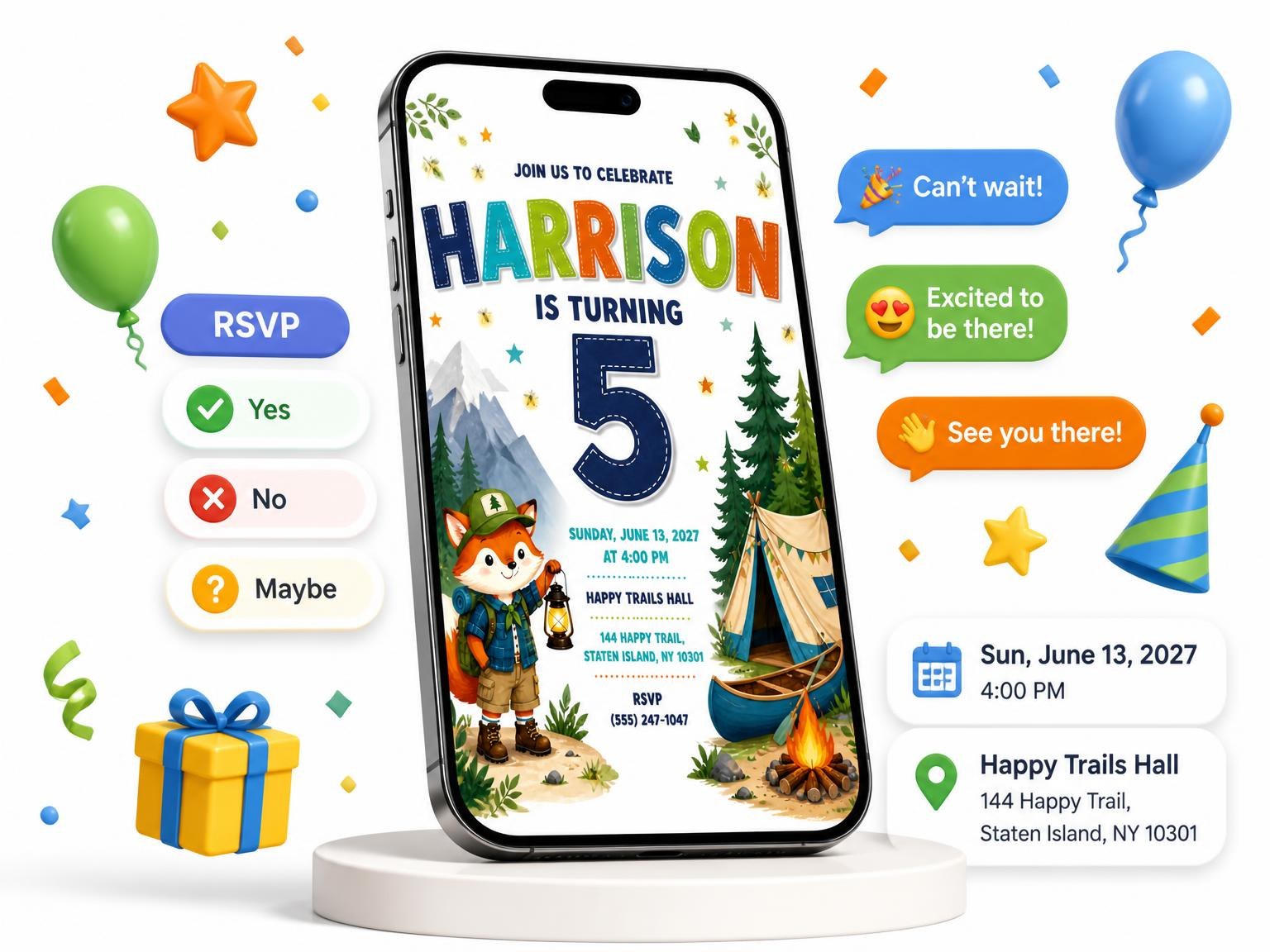 The Campsite Stitched 5th Birthday Invitation invitation on a phone, with guest RSVPs arriving around it