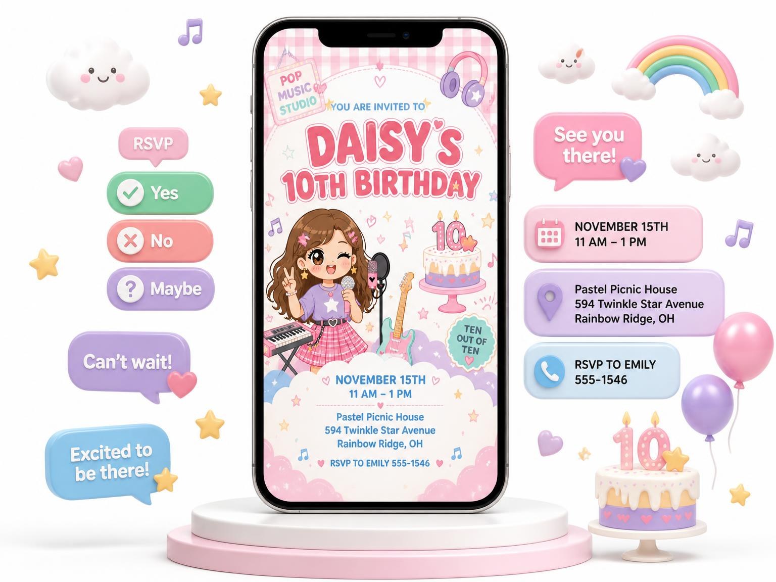 The Studio Mic Kawaii 10th Birthday Invitation invitation on a phone, with guest RSVPs arriving around it