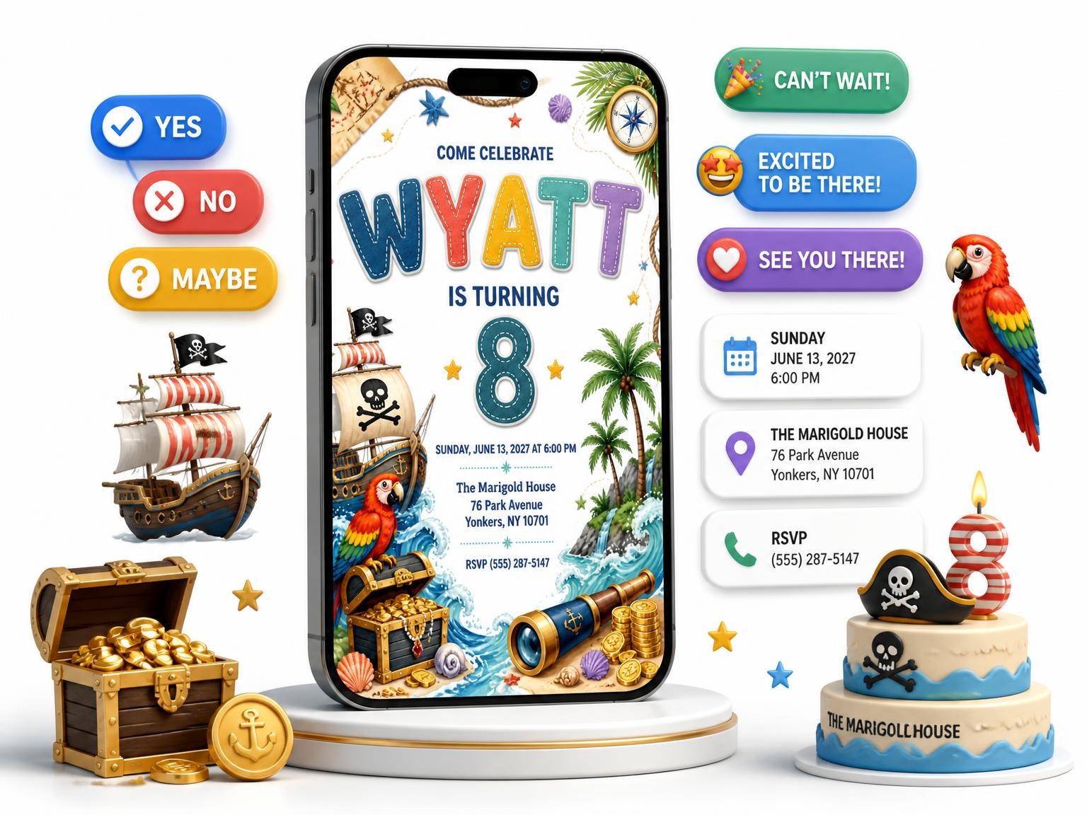The Pirate Adventure 8th Birthday Invitation invitation on a phone, with guest RSVPs arriving around it