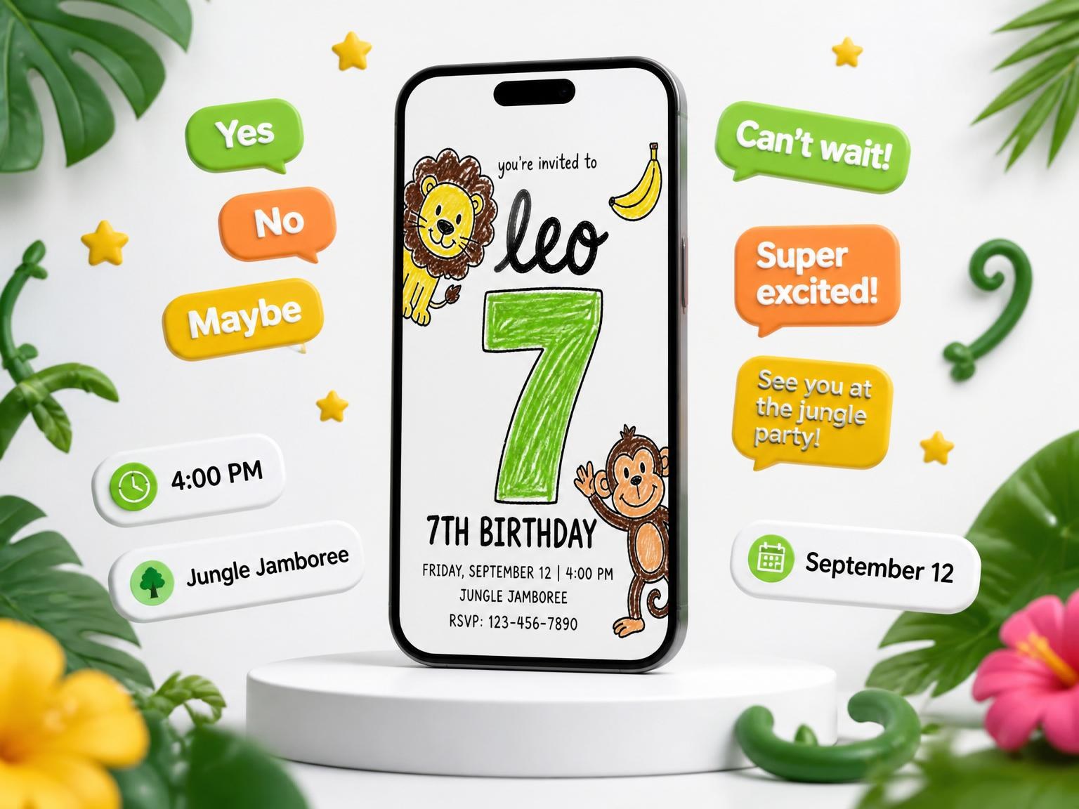 The Crayon Jungle Animal 7th Birthday Invitation invitation on a phone, with guest RSVPs arriving around it