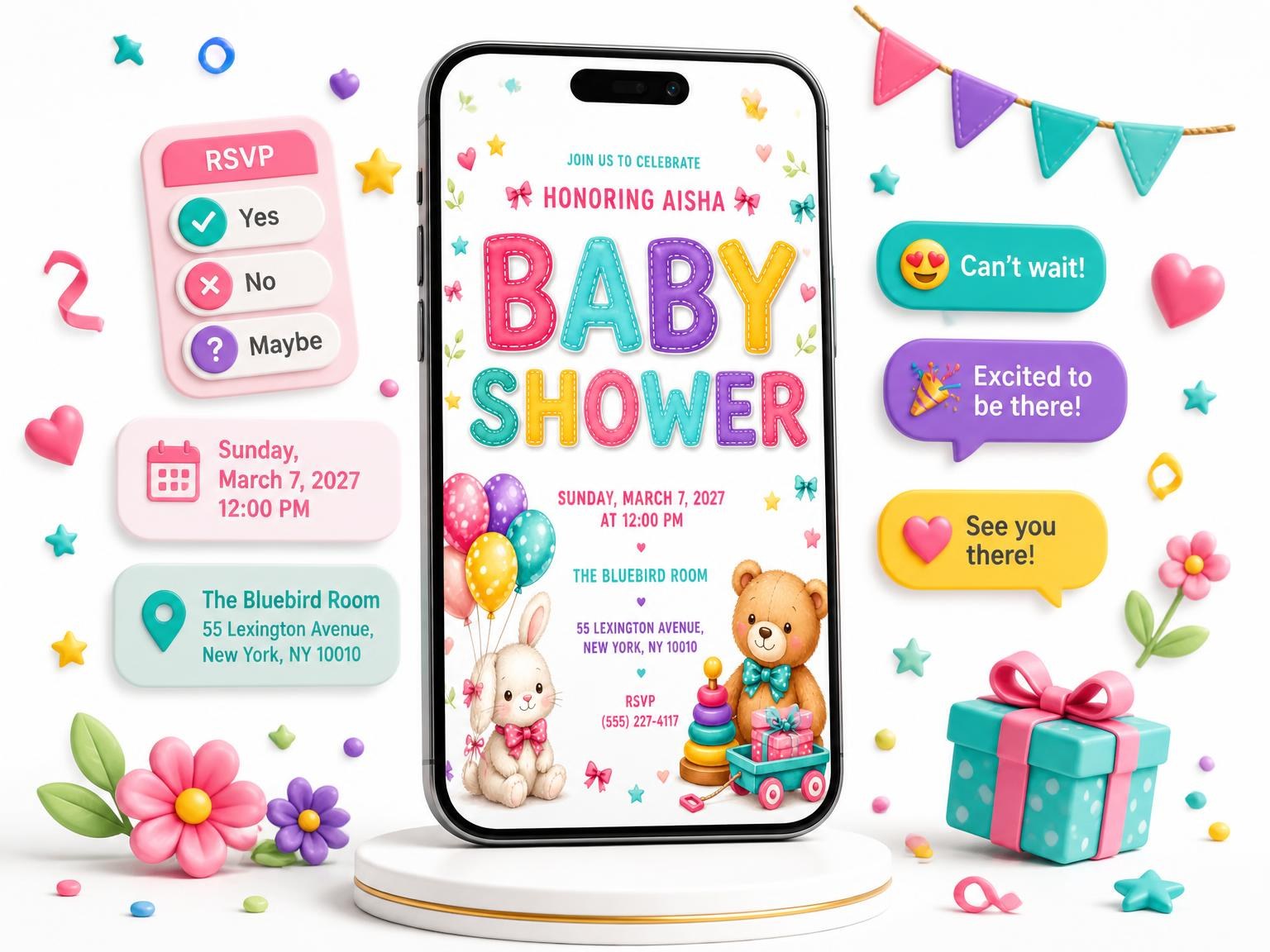 The Bunny Baby Shower Invitation invitation on a phone, with guest RSVPs arriving around it