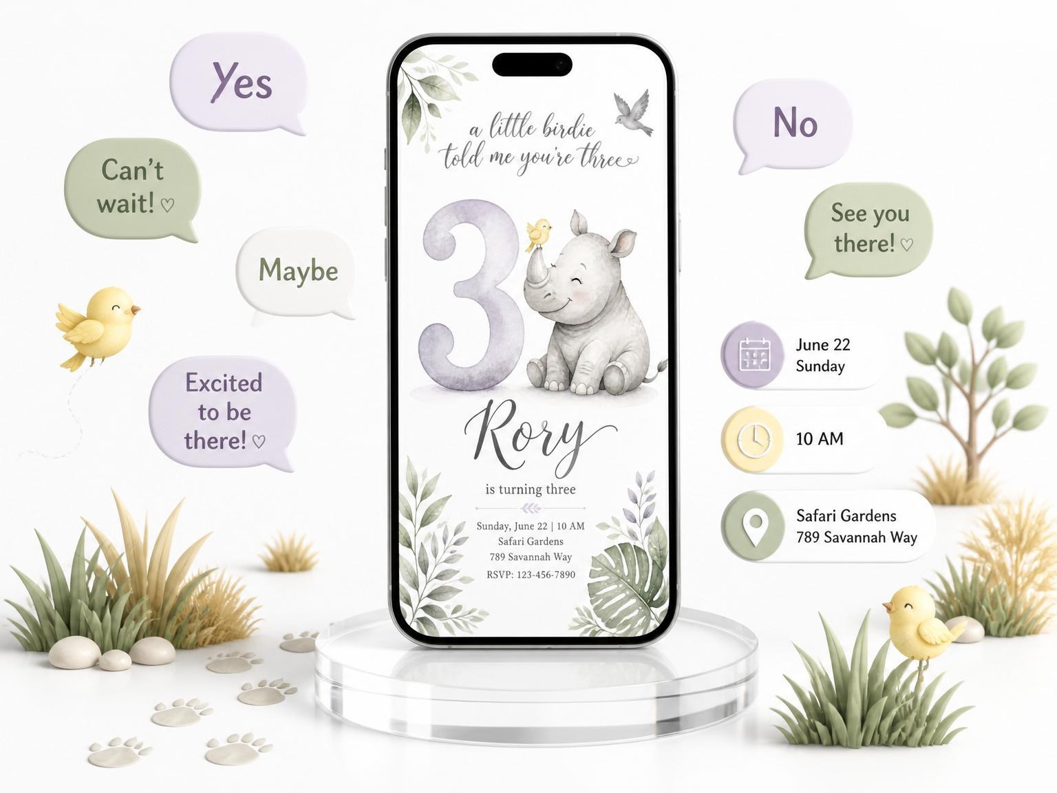 The Watercolor Rhino 3rd Birthday Invitation invitation on a phone, with guest RSVPs arriving around it