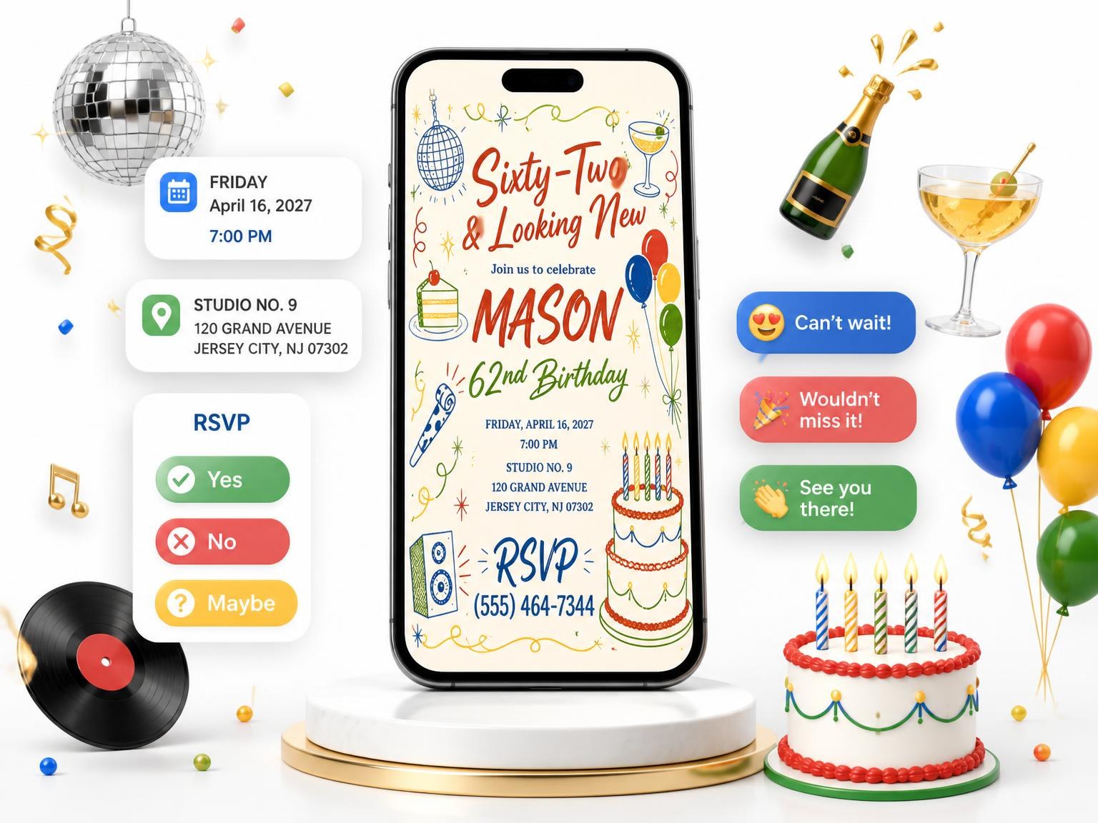 The Retro Doodle 62nd Birthday Invitation invitation on a phone, with guest RSVPs arriving around it