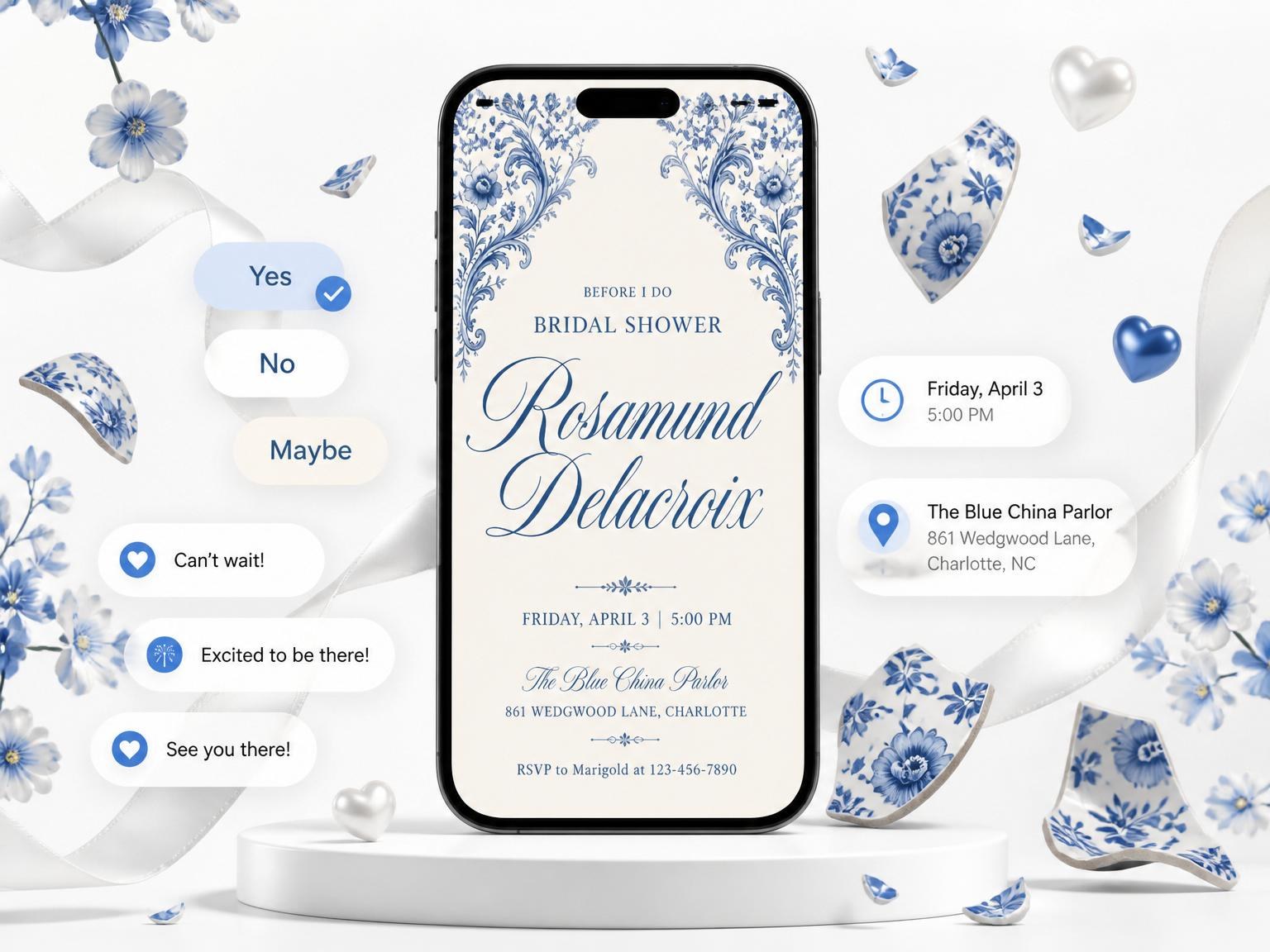 The Blue Chinoiserie Floral Bridal Shower invitation on a phone, with guest RSVPs arriving around it