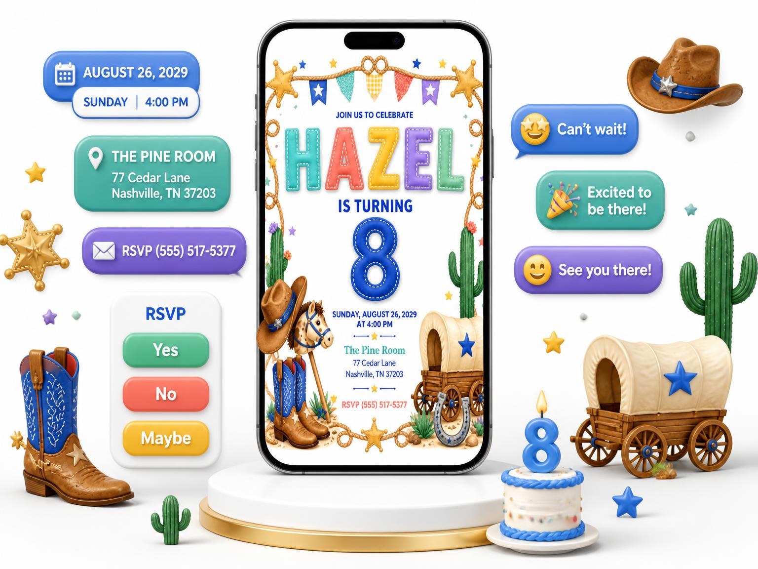 The Stitched Cowboy 8th Birthday Invitation invitation on a phone, with guest RSVPs arriving around it