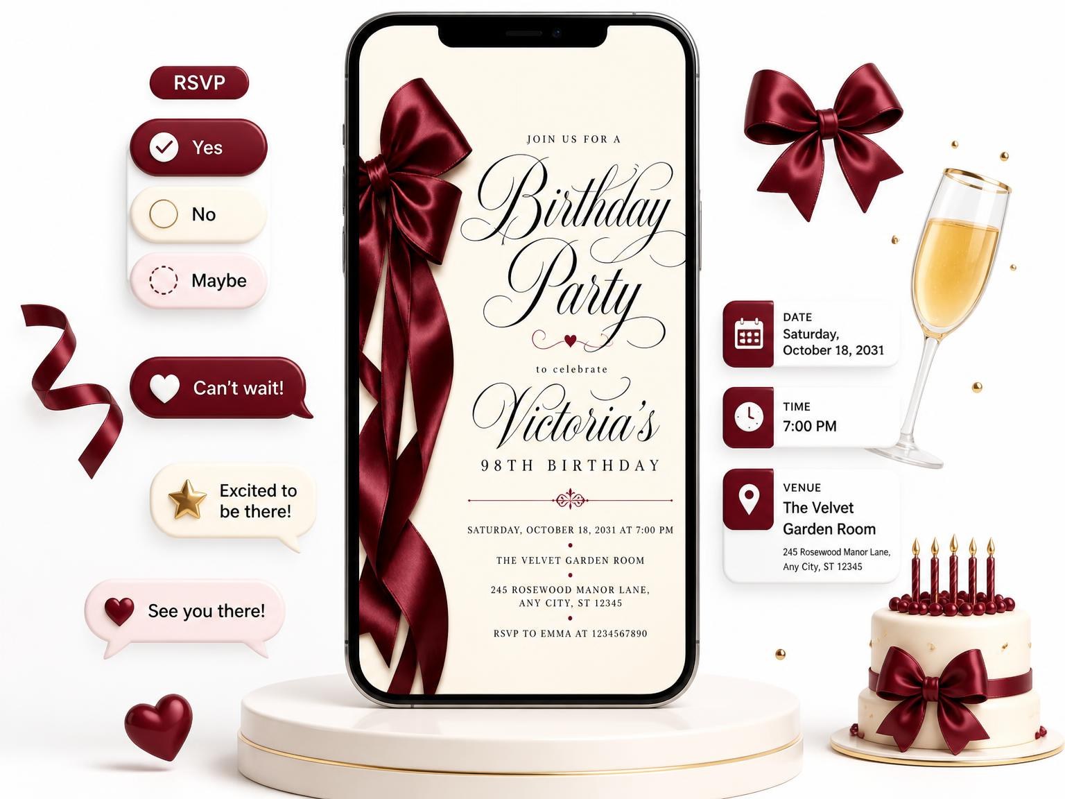The Burgundy Satin Bow 98th Birthday Invitation invitation on a phone, with guest RSVPs arriving around it