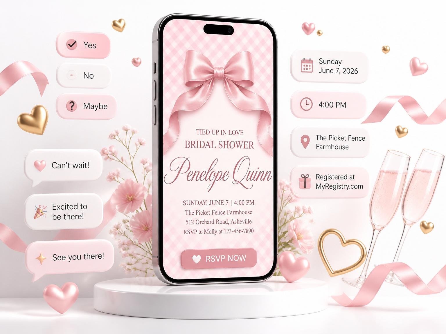 The Pink Gingham Bow Bridal Shower invitation on a phone, with guest RSVPs arriving around it