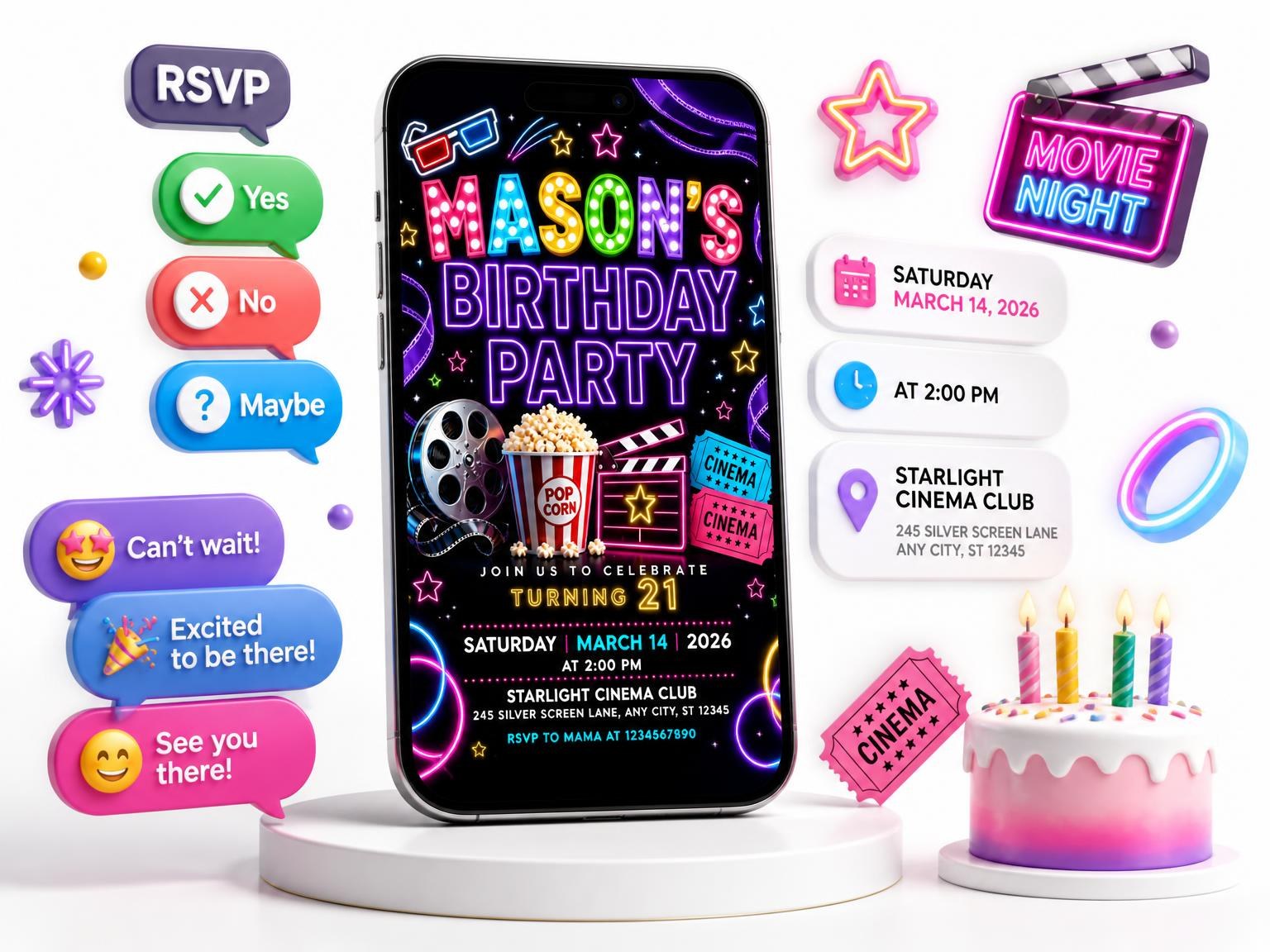 The Neon Movie Night 21st Birthday Invitation invitation on a phone, with guest RSVPs arriving around it