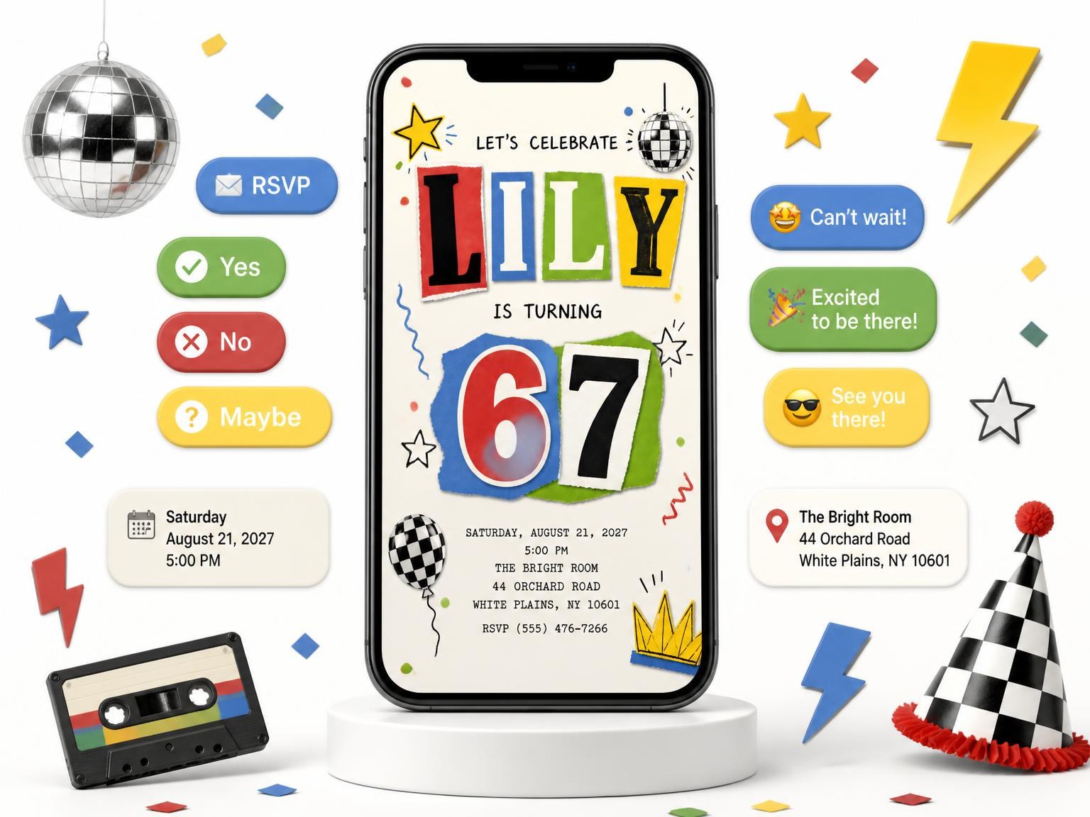 The Retro Paper Collage 67th Birthday Invitation invitation on a phone, with guest RSVPs arriving around it