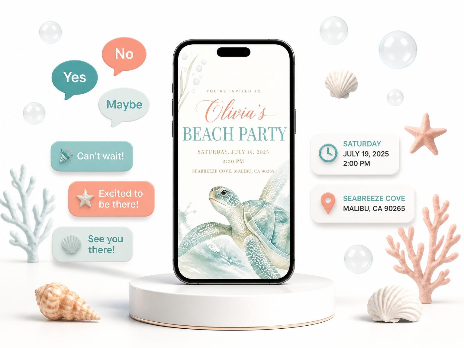 The Watercolor Sea Turtle Beach Party invitation on a phone, with guest RSVPs arriving around it