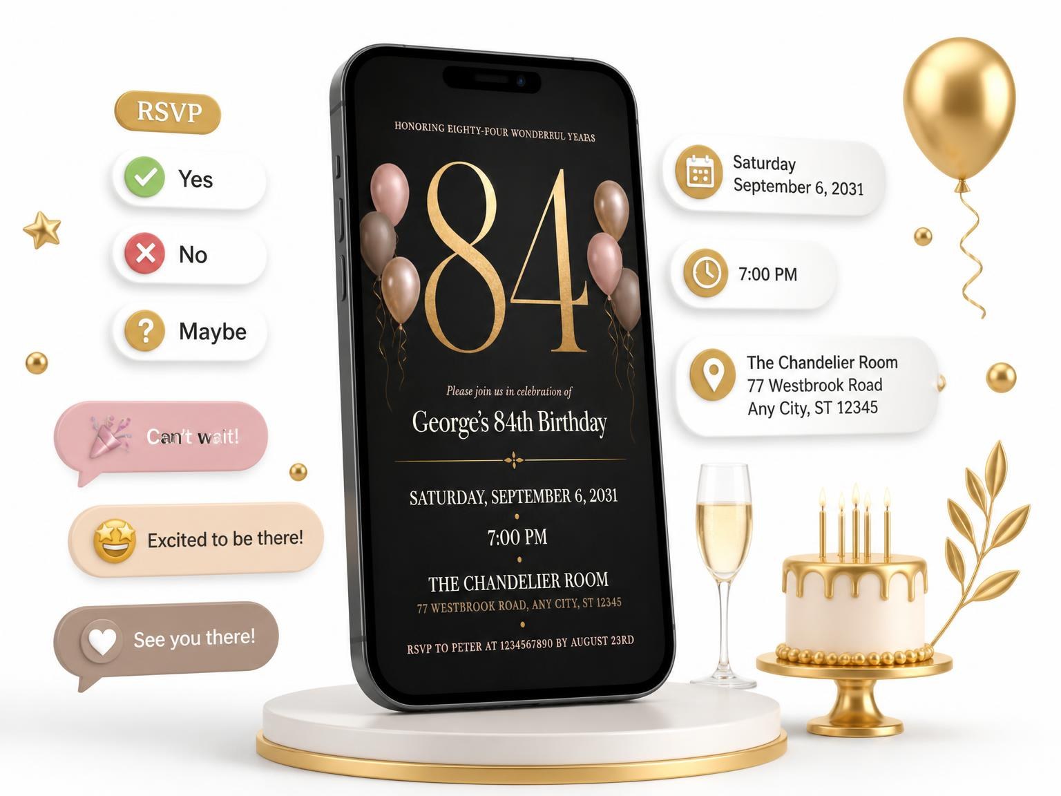 The Charcoal and Blush 84th Birthday Invitation invitation on a phone, with guest RSVPs arriving around it