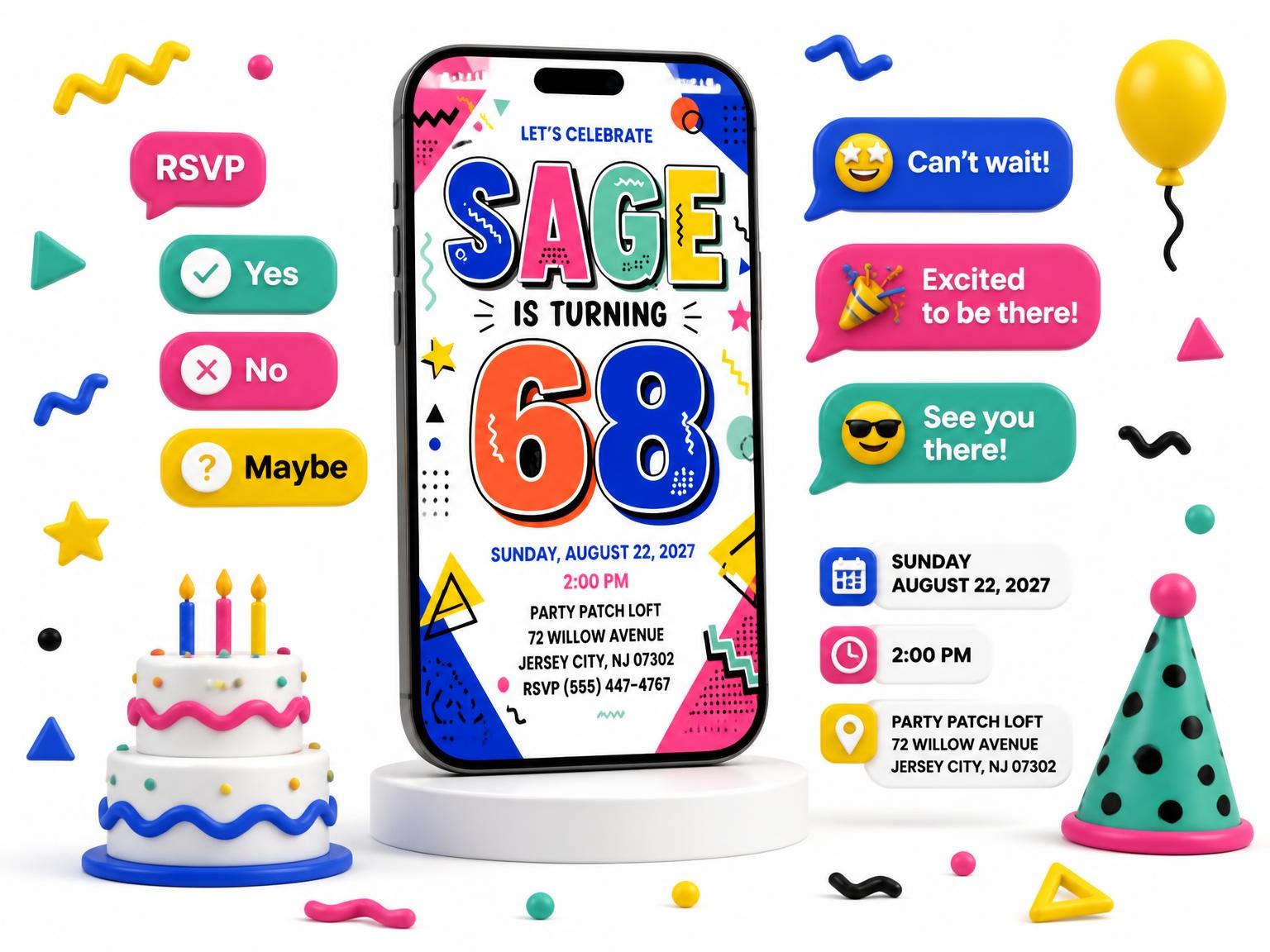 The Memphis Pop 68th Birthday Invitation invitation on a phone, with guest RSVPs arriving around it