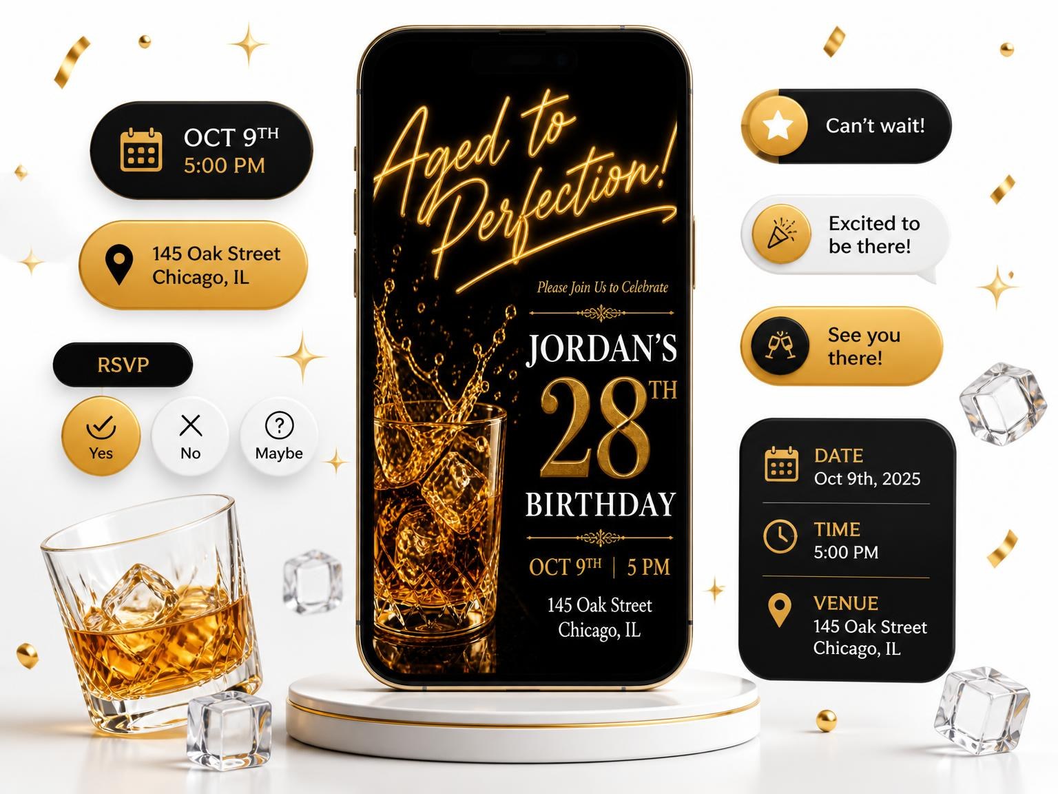 The Whiskey Glass 28th Birthday Invitation invitation on a phone, with guest RSVPs arriving around it