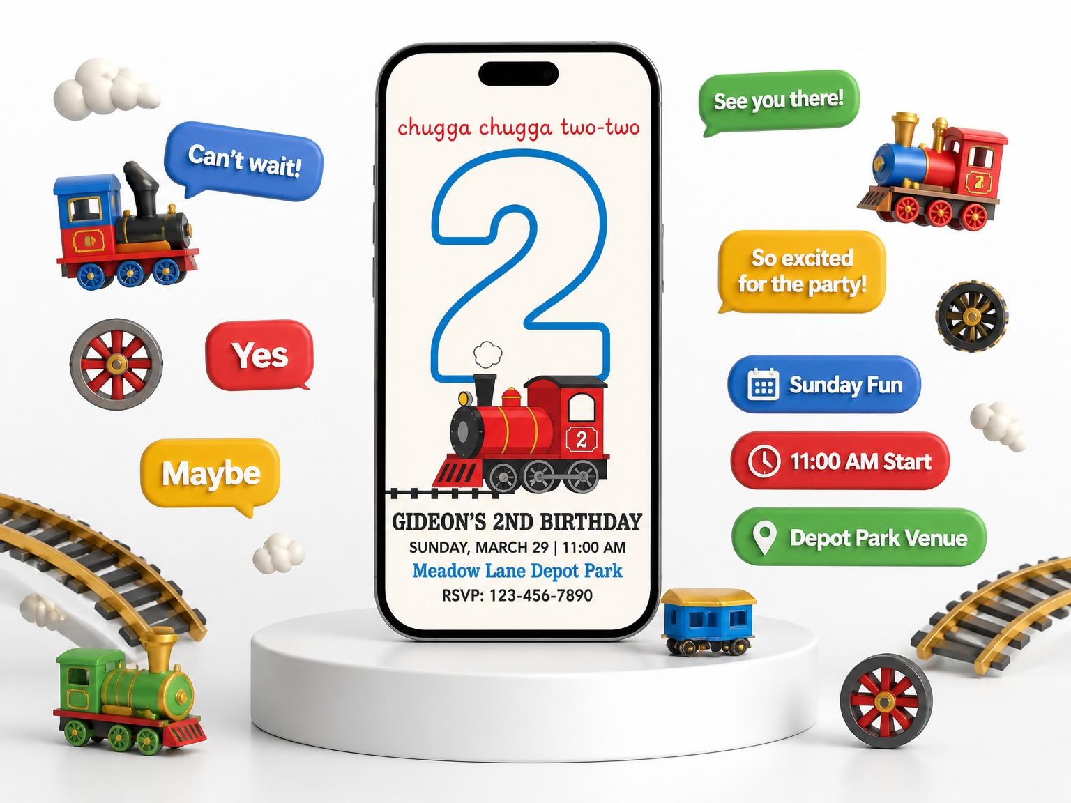 The Red Train Blue Number 2nd Birthday invitation on a phone, with guest RSVPs arriving around it