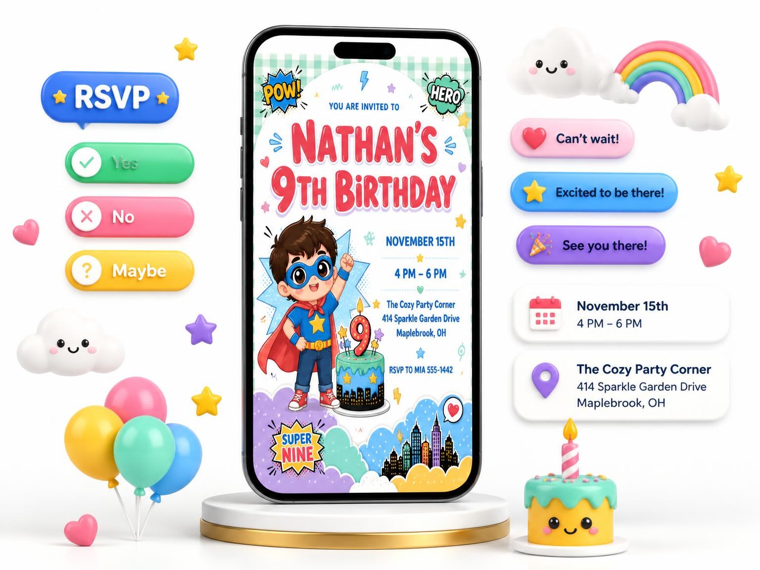 The Kawaii Superhero 9th Birthday Invitation invitation on a phone, with guest RSVPs arriving around it
