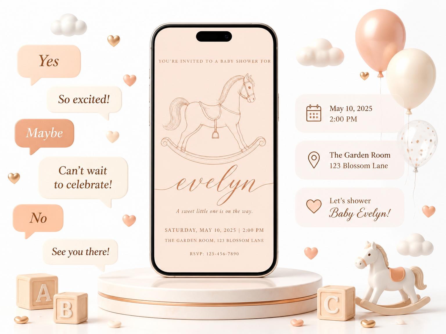 The Peach Minimalist Rocking Horse Baby Shower invitation on a phone, with guest RSVPs arriving around it