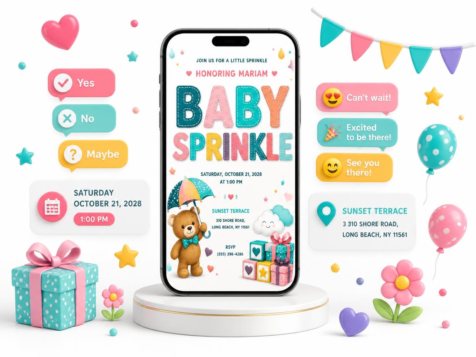 The Teddy Bear Umbrella Baby Sprinkle Invitation invitation on a phone, with guest RSVPs arriving around it