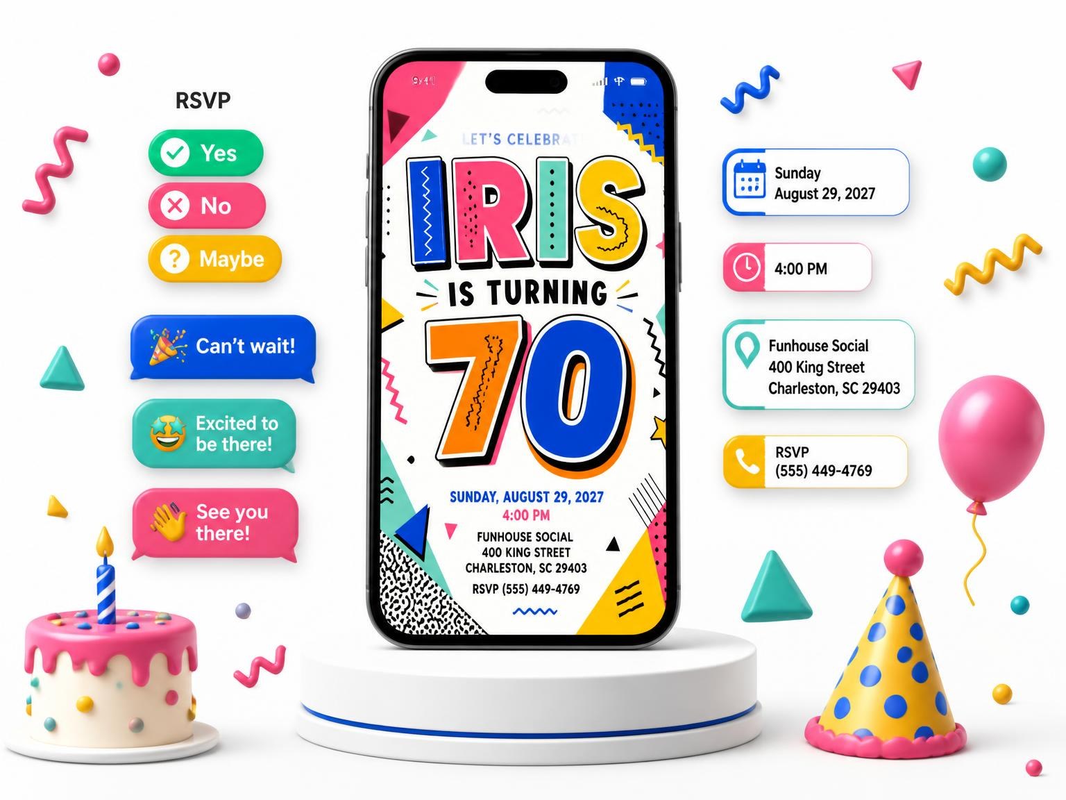 The Memphis Pop 70th Birthday Invitation invitation on a phone, with guest RSVPs arriving around it