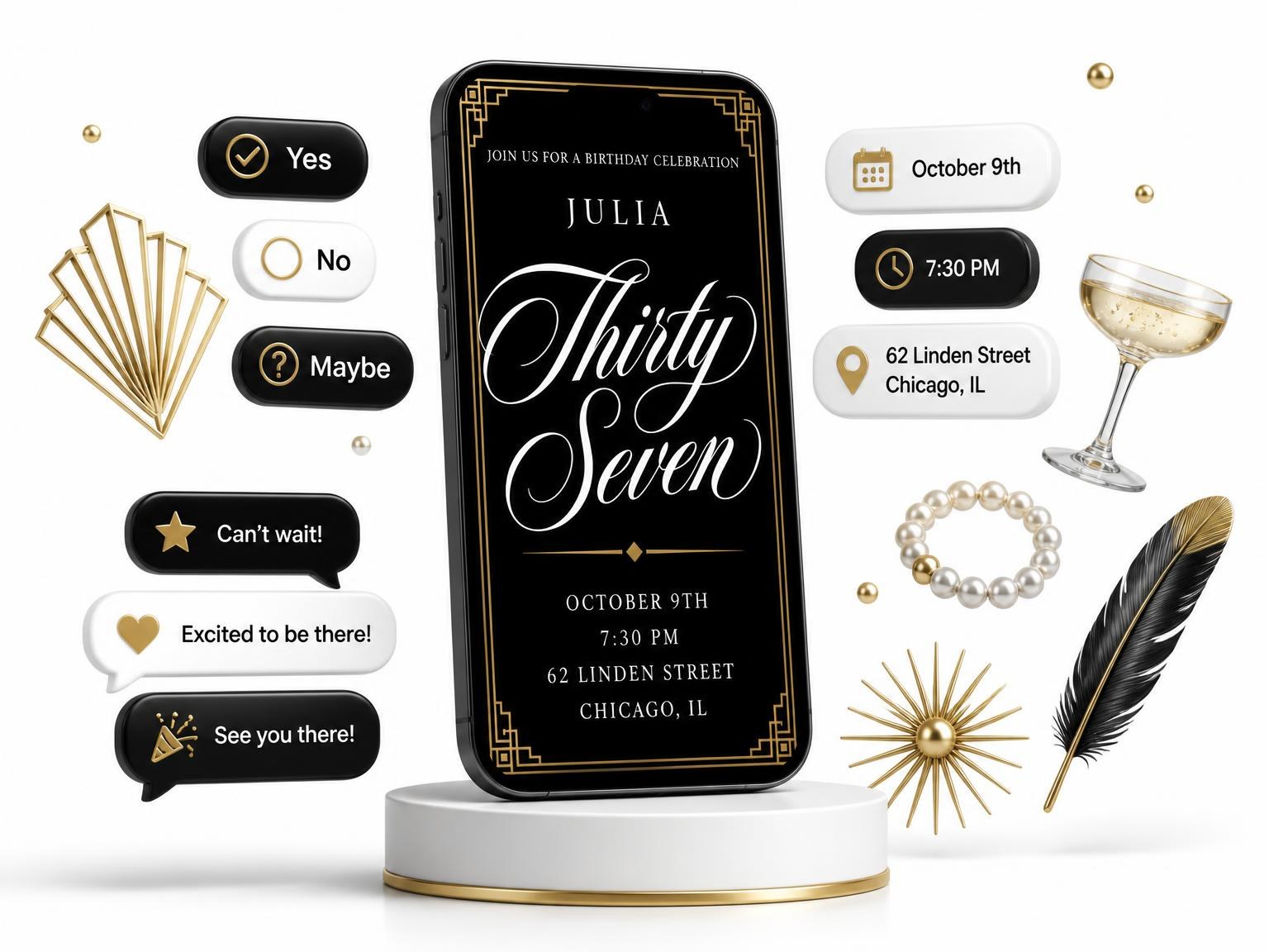 The Art Deco 37th Birthday Invitation invitation on a phone, with guest RSVPs arriving around it