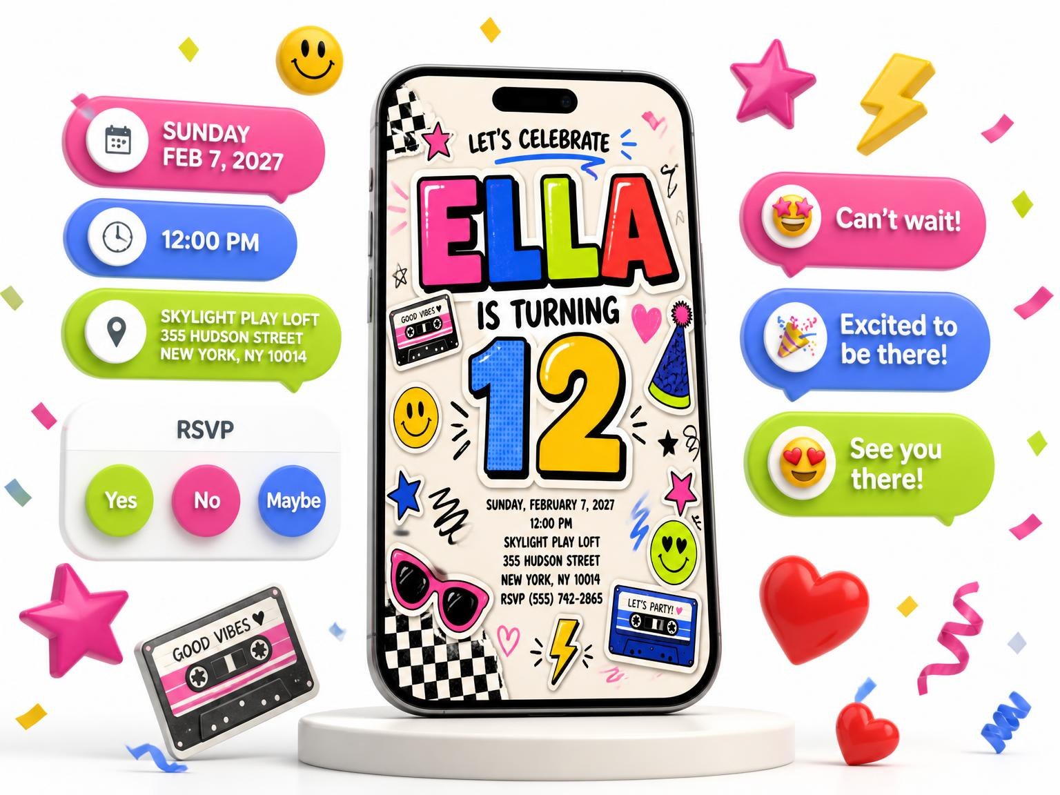 The Sticker Pop 12th Birthday Invitation invitation on a phone, with guest RSVPs arriving around it