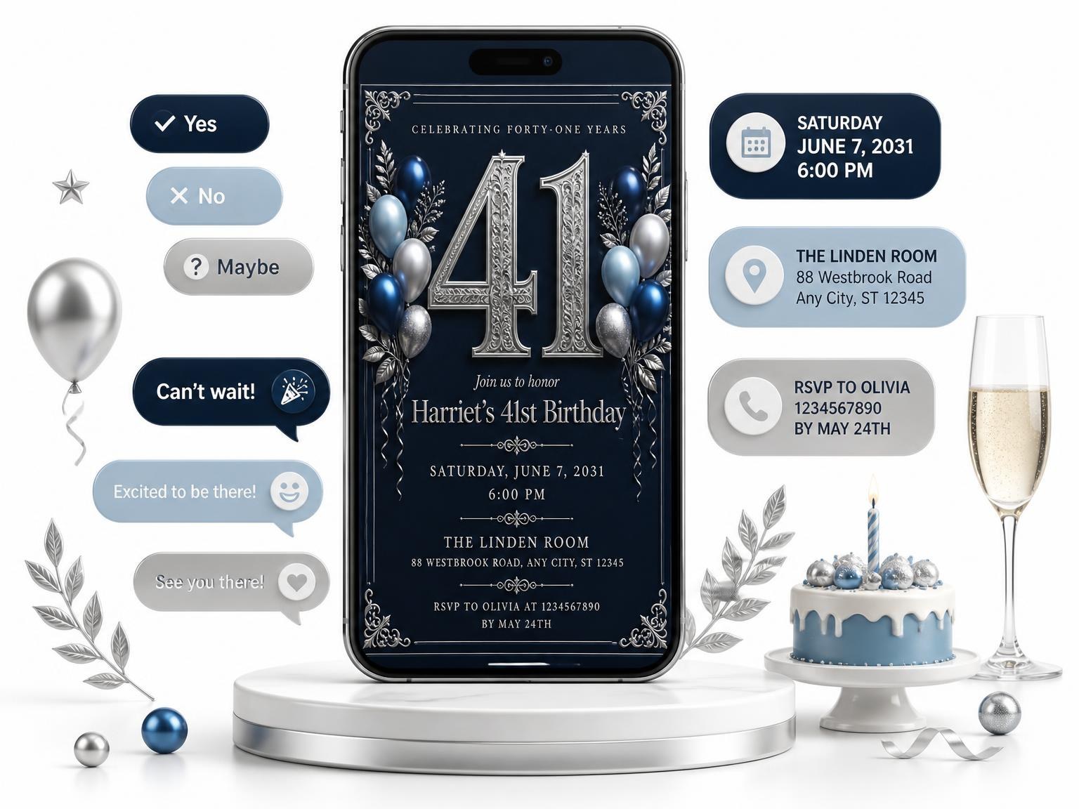The Navy and Silver 41st Birthday Invitation invitation on a phone, with guest RSVPs arriving around it