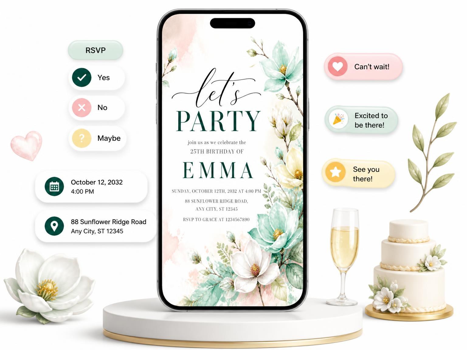 The Blossoms Leaves Mint 25th Birthday Invitation invitation on a phone, with guest RSVPs arriving around it