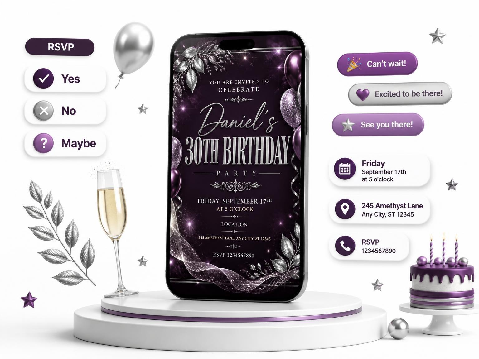 The Plum and Silver 30th Birthday Invitation invitation on a phone, with guest RSVPs arriving around it
