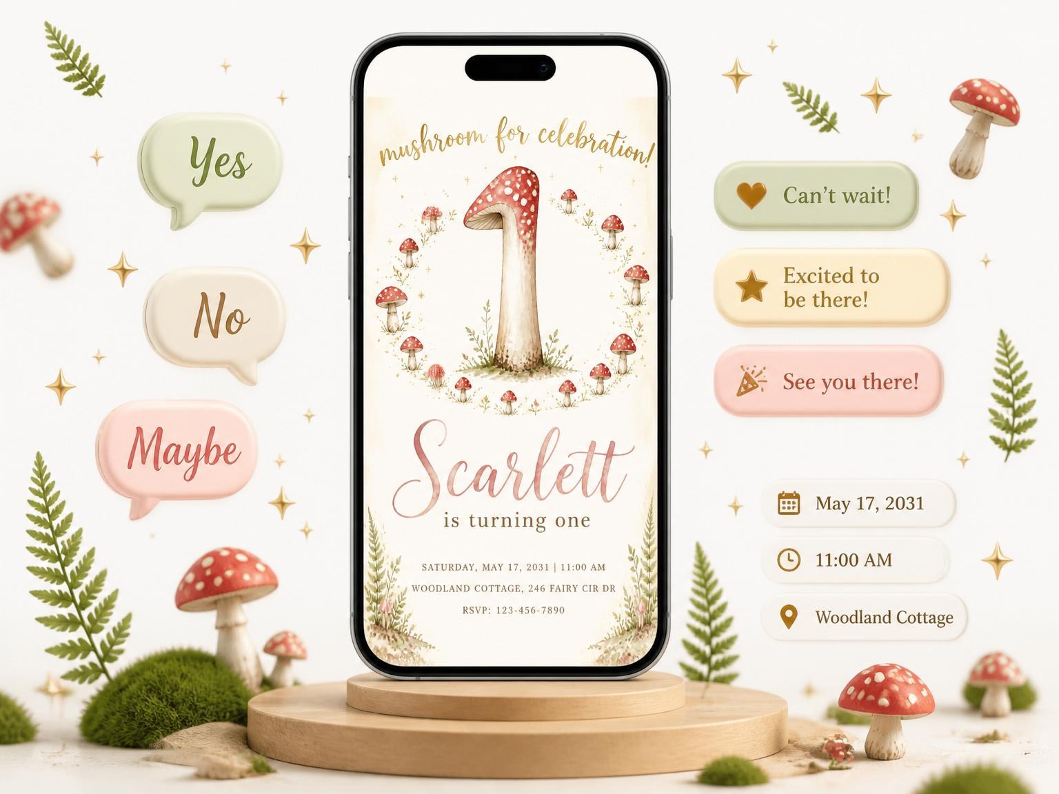 The Woodland Mushroom 1st Birthday Invitation invitation on a phone, with guest RSVPs arriving around it
