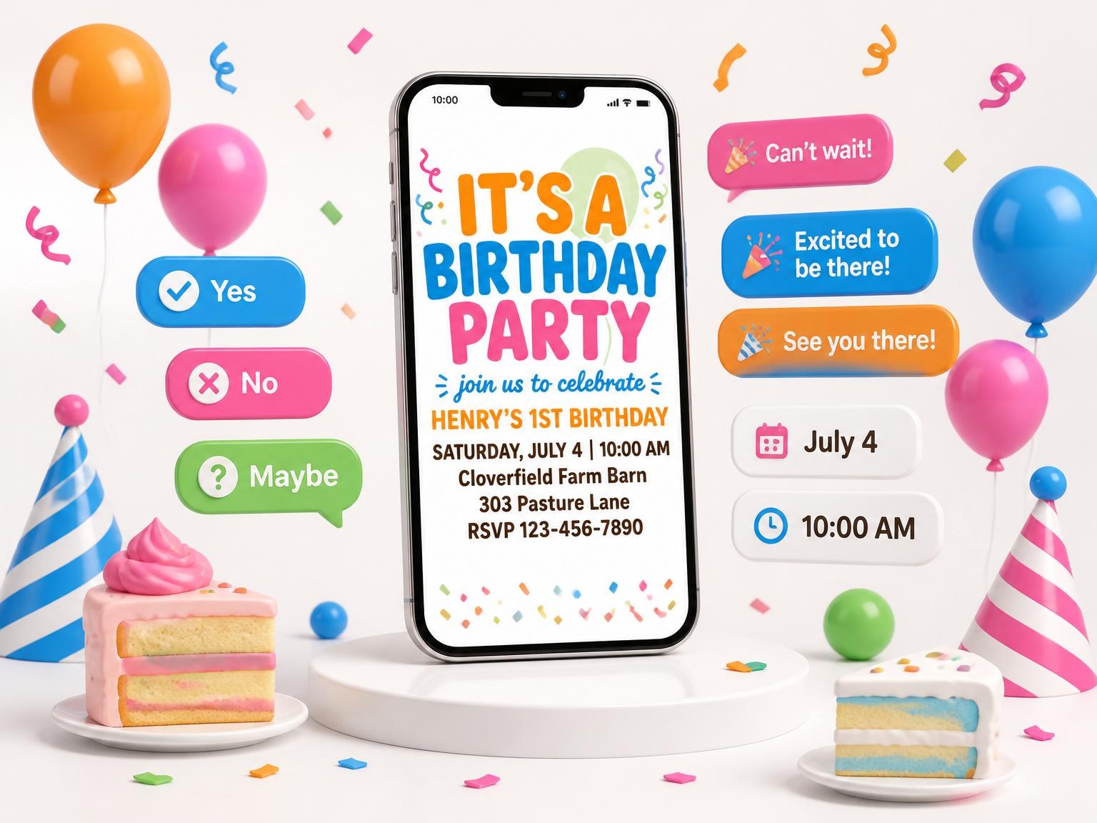 The Primary Color Confetti 1st Birthday Invitation invitation on a phone, with guest RSVPs arriving around it