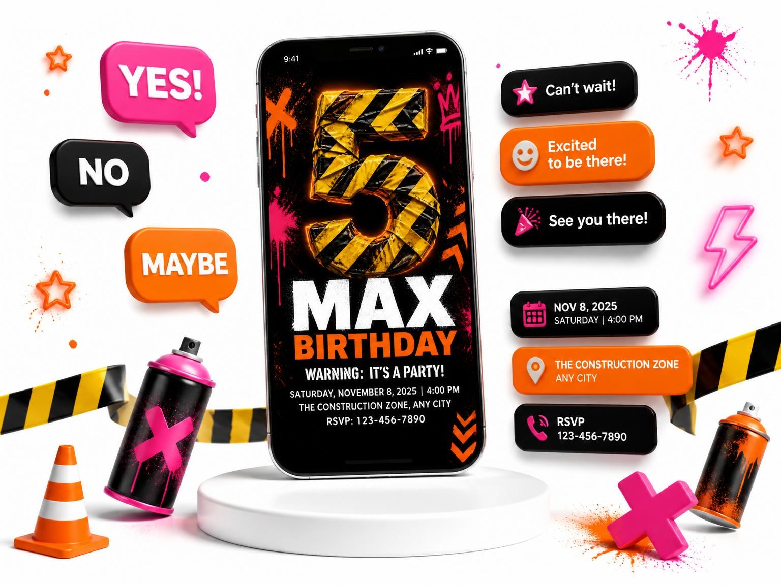 The Neon Caution Tape 5th Birthday Invitation invitation on a phone, with guest RSVPs arriving around it