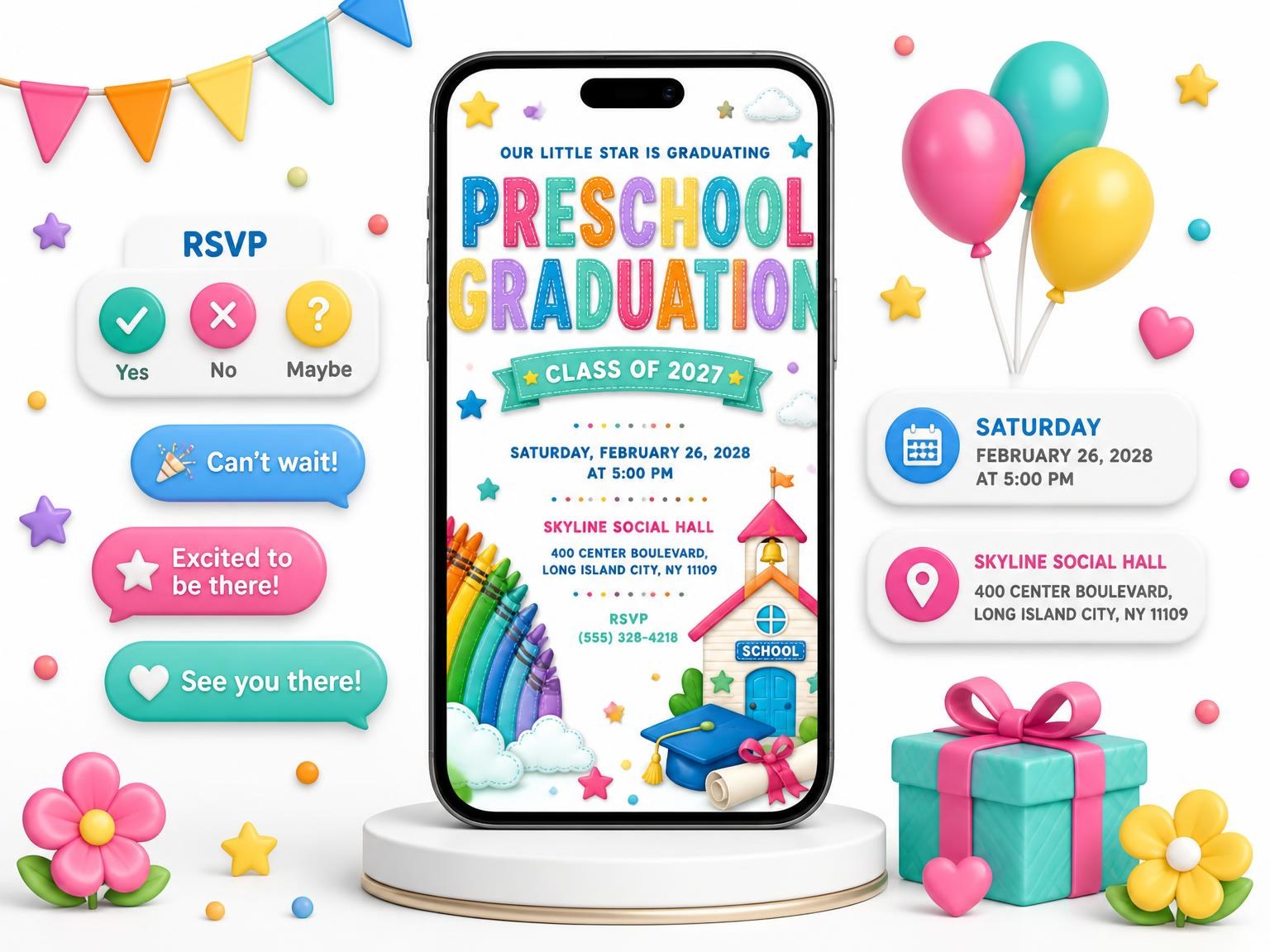 The Rainbow Crayons Preschool Graduation Invitation invitation on a phone, with guest RSVPs arriving around it