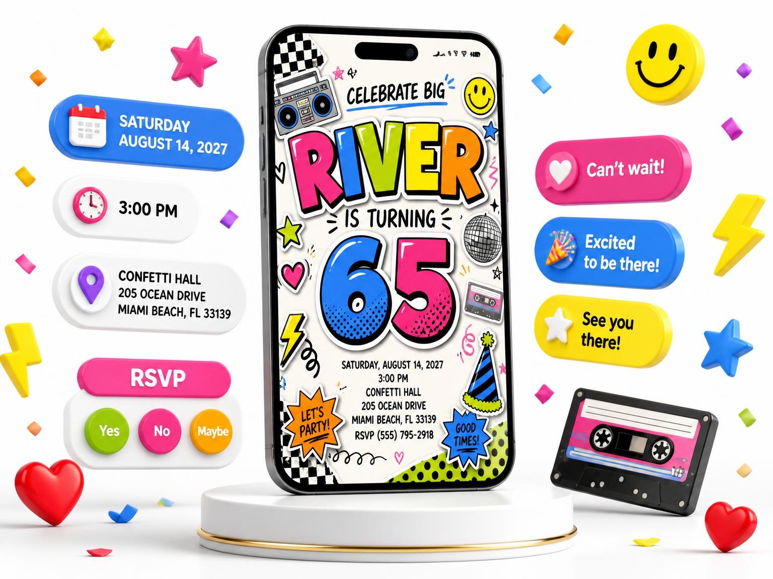 The Sticker Pop 65th Birthday Invitation invitation on a phone, with guest RSVPs arriving around it