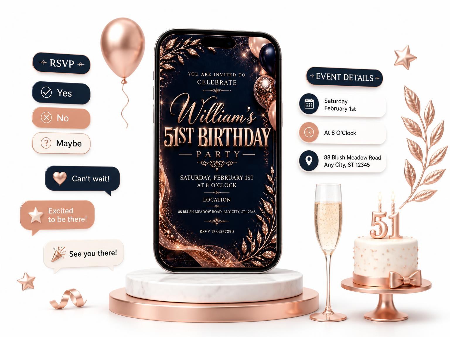 The Navy and Rose Gold 51st Birthday Invitation invitation on a phone, with guest RSVPs arriving around it