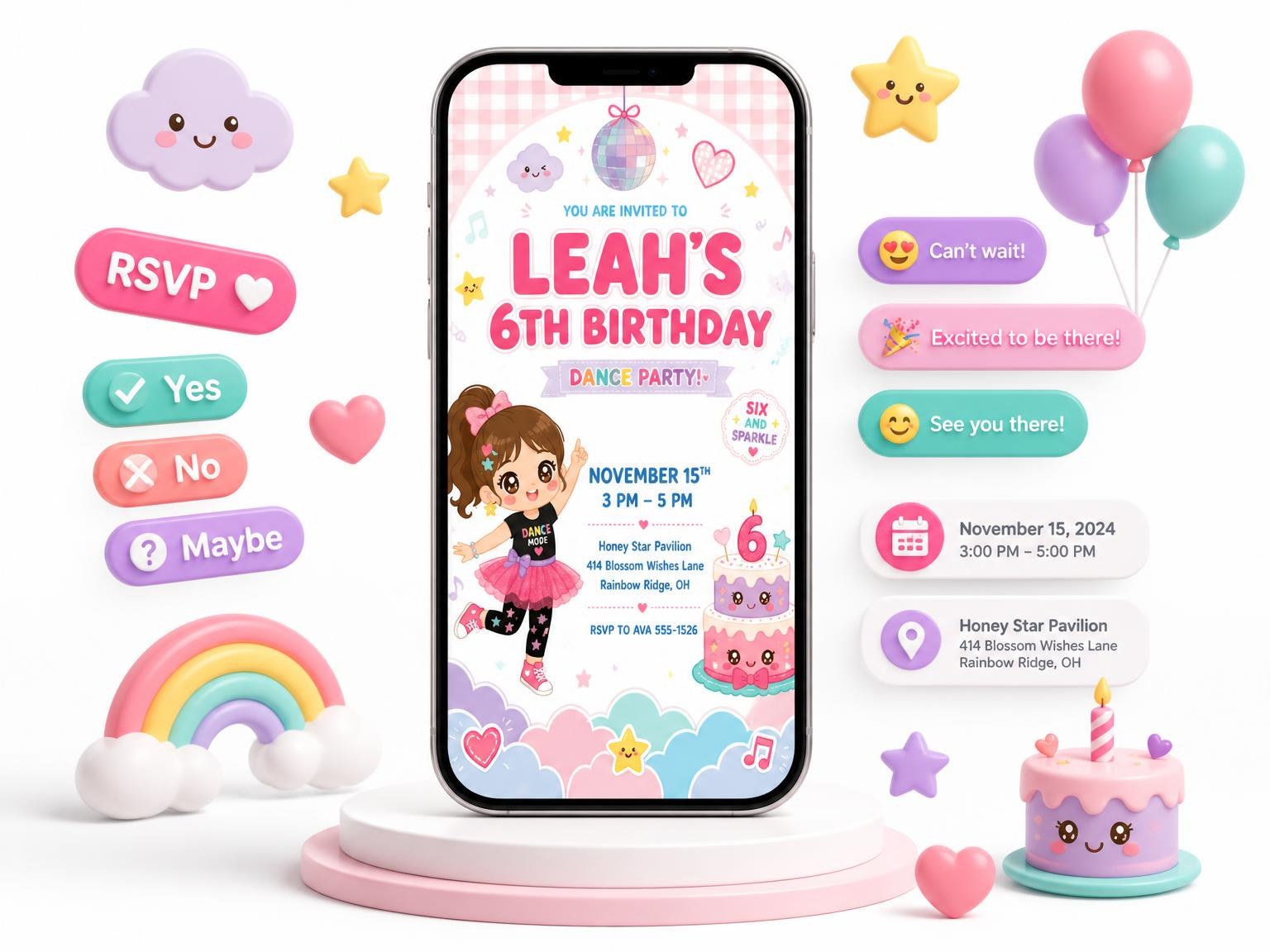 The Disco Ball Kawaii 6th Birthday Invitation invitation on a phone, with guest RSVPs arriving around it
