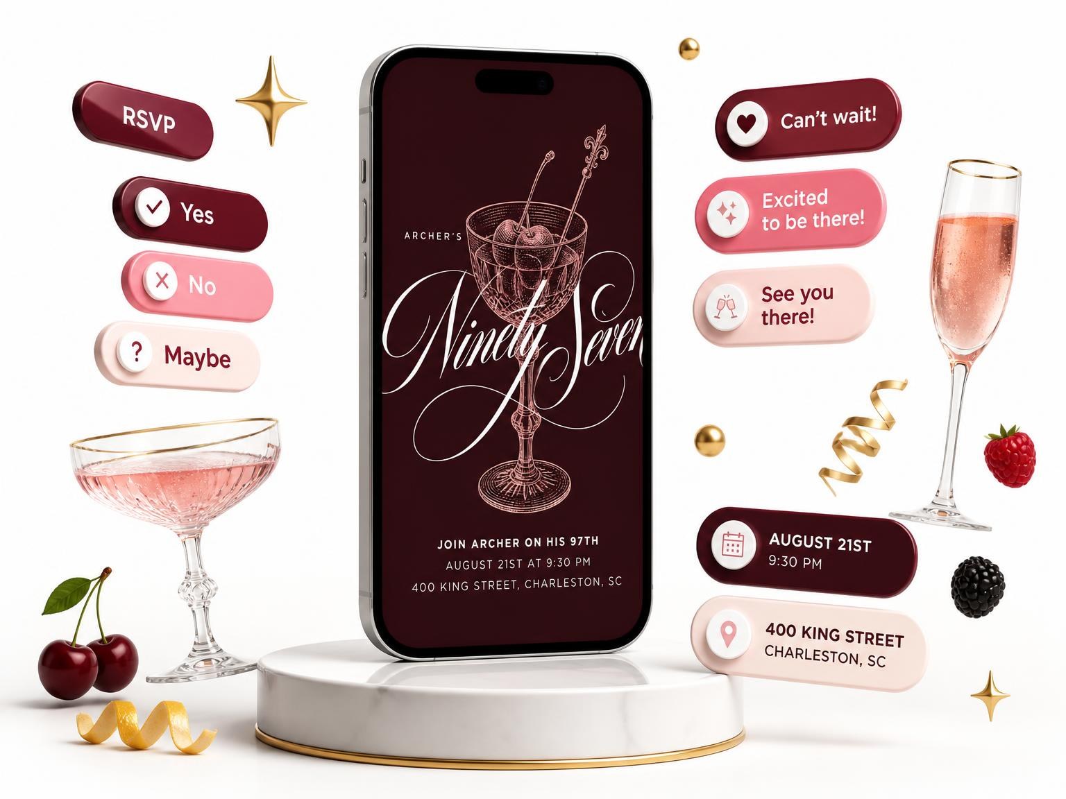 The Burgundy Cocktail 97th Birthday Invitation invitation on a phone, with guest RSVPs arriving around it