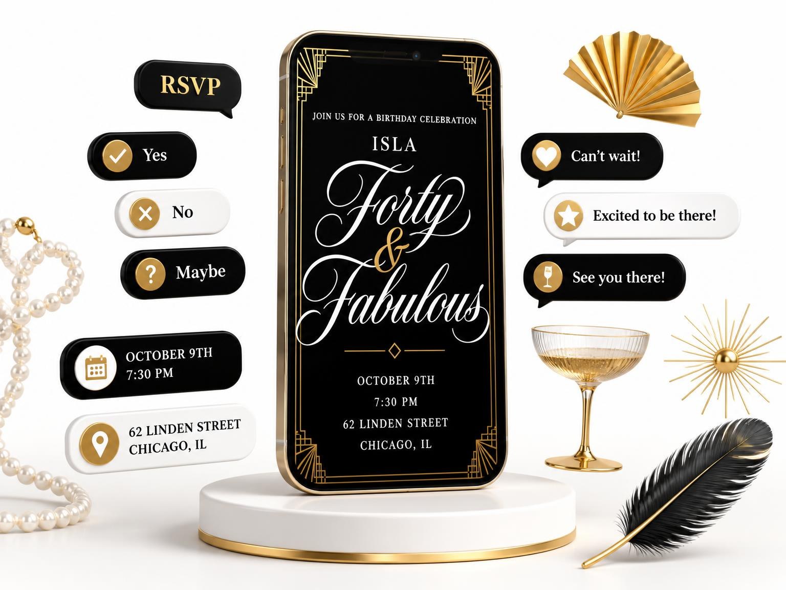 The Art Deco Fan 40th Birthday Invitation invitation on a phone, with guest RSVPs arriving around it