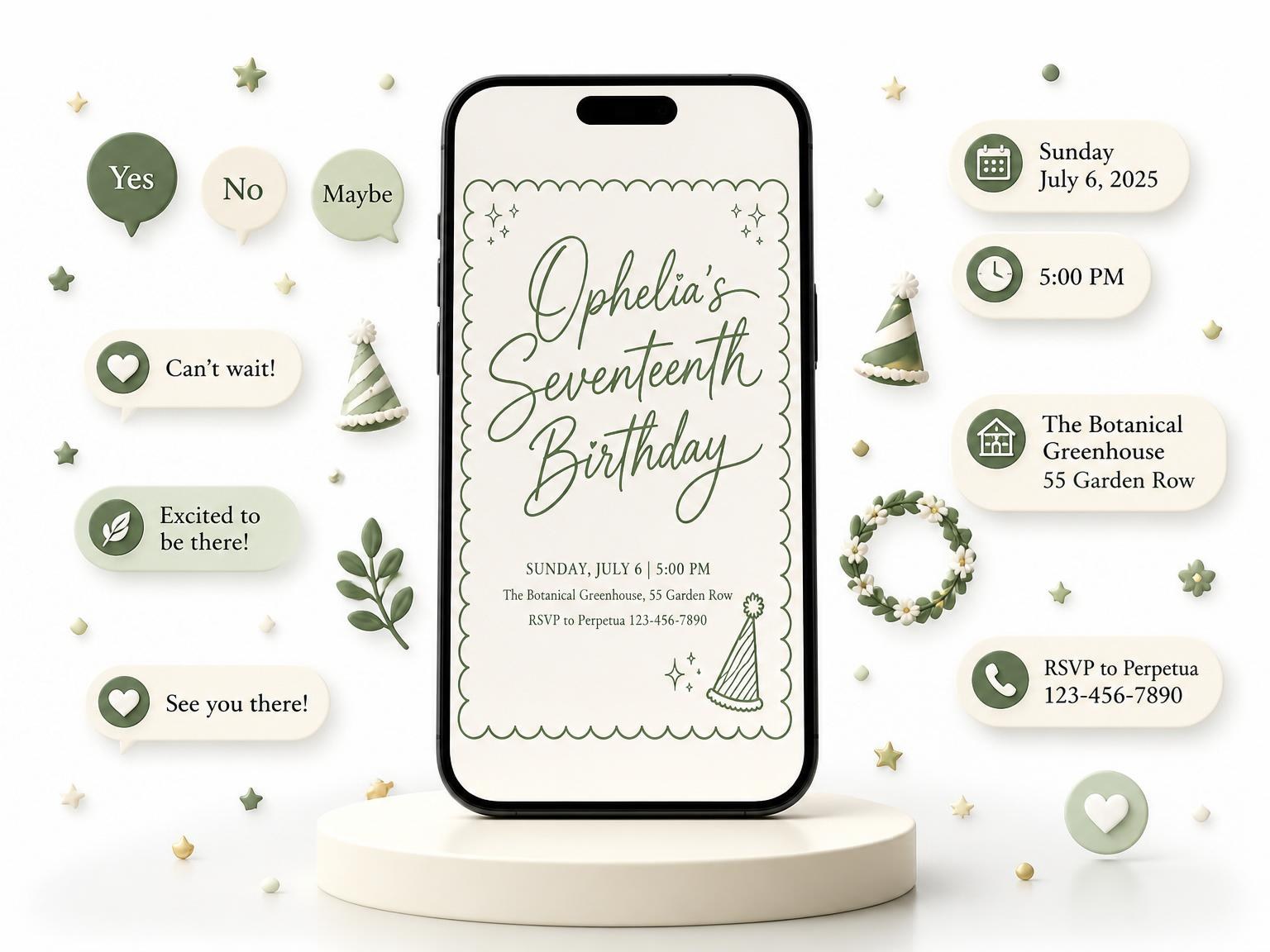 The Sage Green Scalloped 17th Birthday Invitation invitation on a phone, with guest RSVPs arriving around it