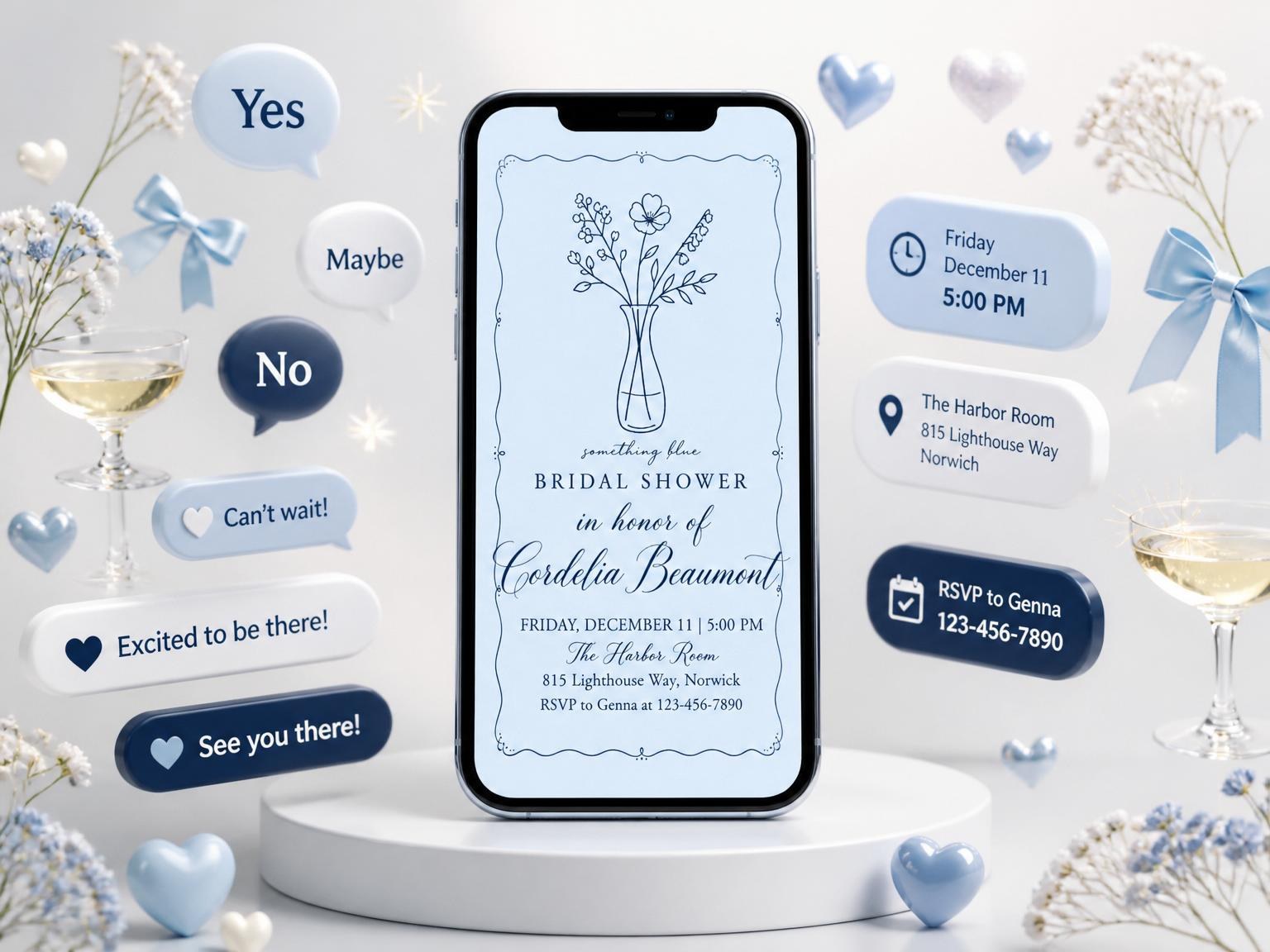 The Navy Line-Art Floral Bridal Shower invitation on a phone, with guest RSVPs arriving around it